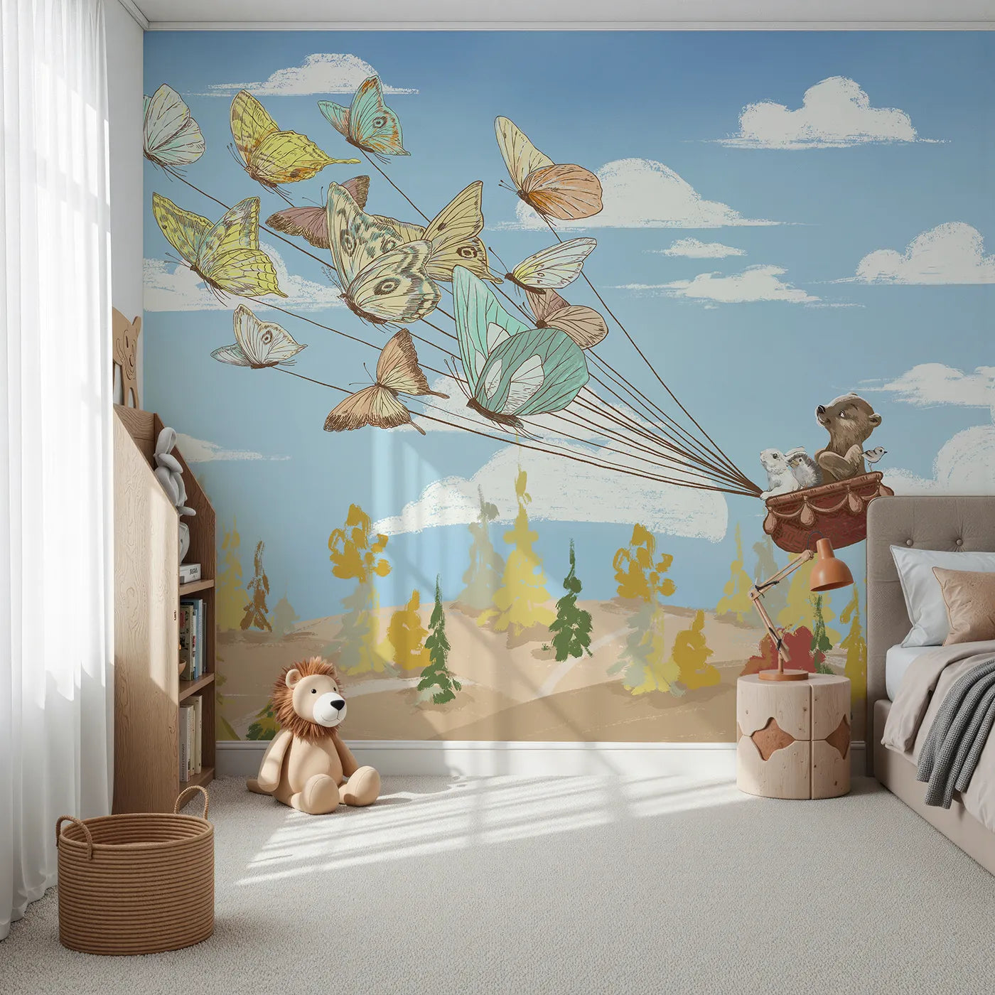 Front view of Whimsy Tots' Butterfly Balloon Ride Wall Mural