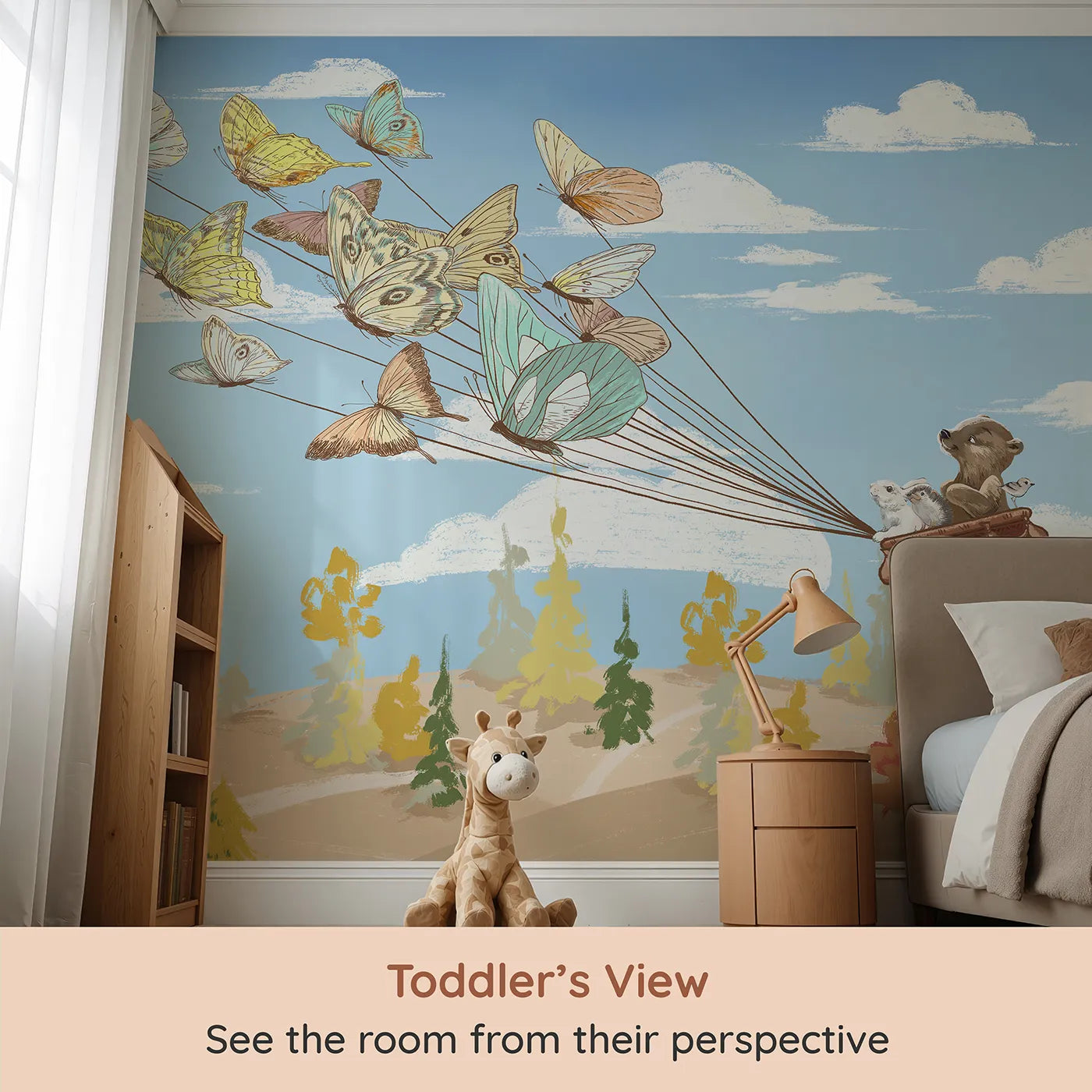 Whimsy Tots Butterfly Balloon Ride Wall Mural (Turn Their Room into a Whimsical, High-Flying Adventure) from your child's view.Gender-Neutral