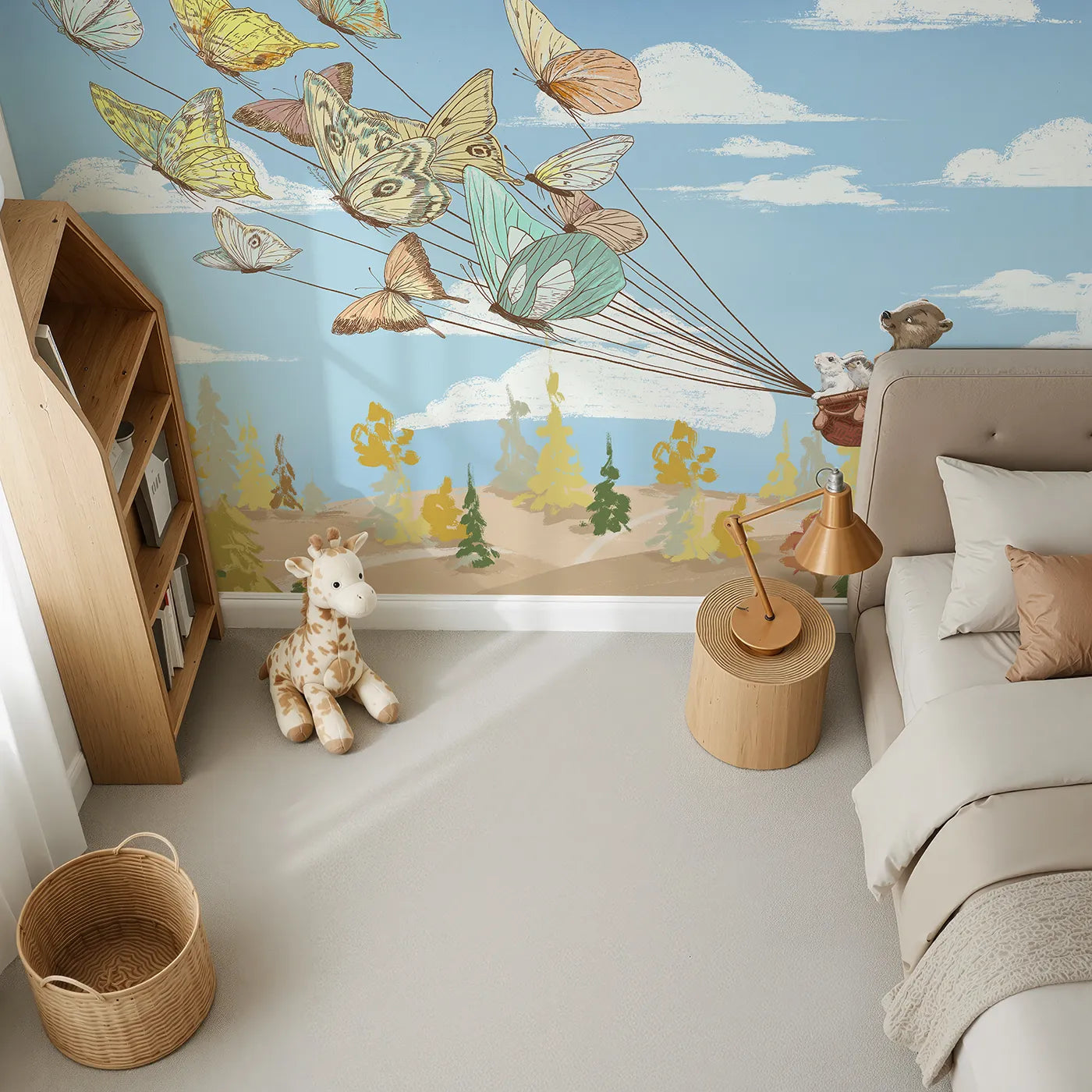 Top-down view of Whimsy Tots' Butterfly Balloon Ride Wall Mural (Turn Their Room into a Whimsical, High-Flying Adventure).Gender-Neutral