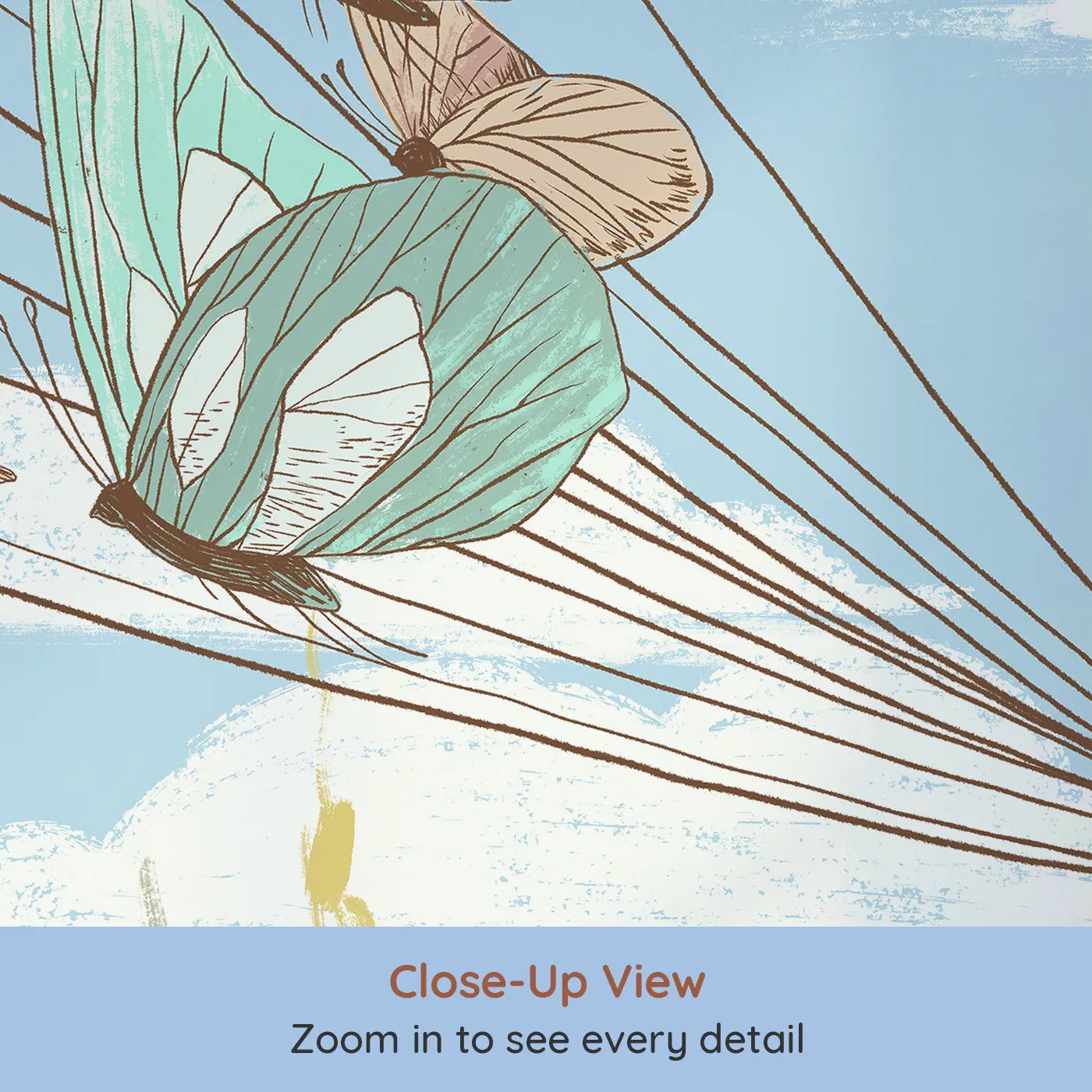 Close-up view of Whimsy Tots' Butterfly Balloon Ride Wall Mural (Turn Their Room into a Whimsical, High-Flying Adventure).Gender-Neutral