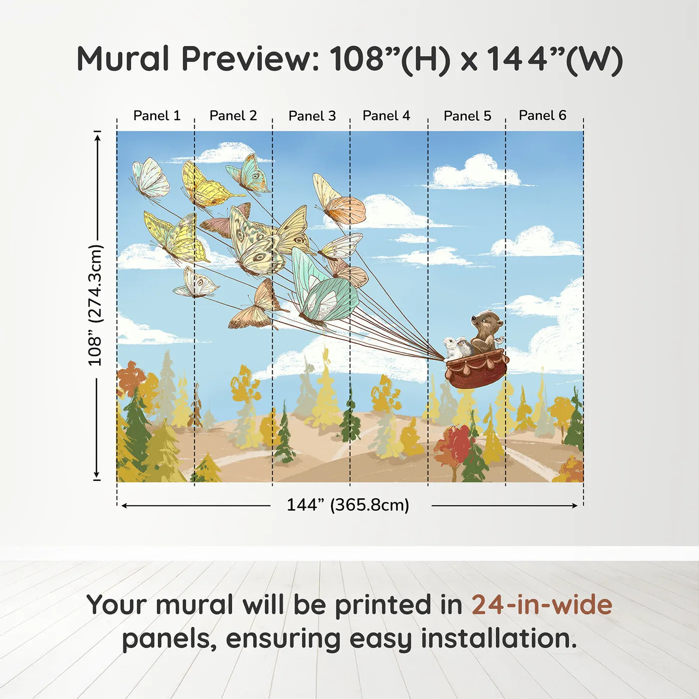Whimsy Tots Butterfly Balloon Ride Wall Muraldimension view (108" H x 144" W). Printed in six 24-inch-wide panels. Gender-Neutral