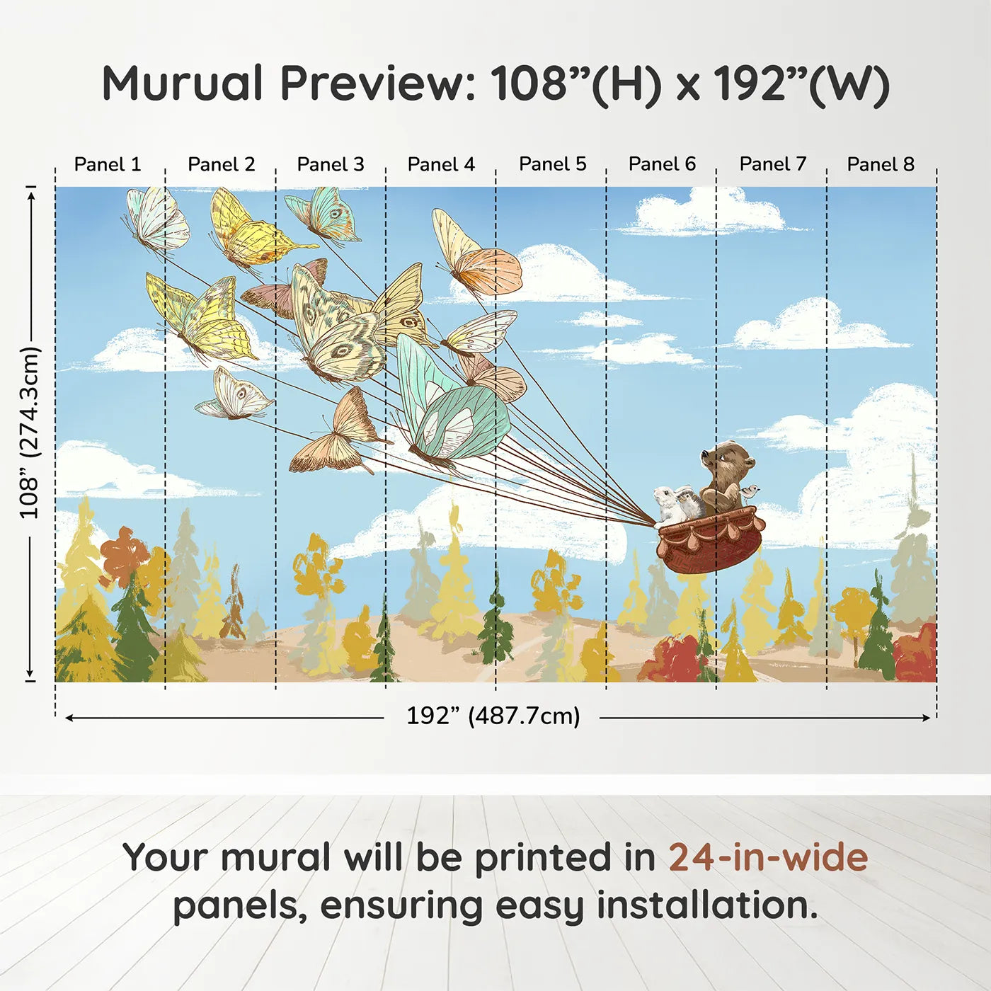 Whimsy Tots Butterfly Balloon Ride Wall Muraldimension view (108" H x 192" W). Printed in eight 24-inch-wide panels. Gender-Neutral