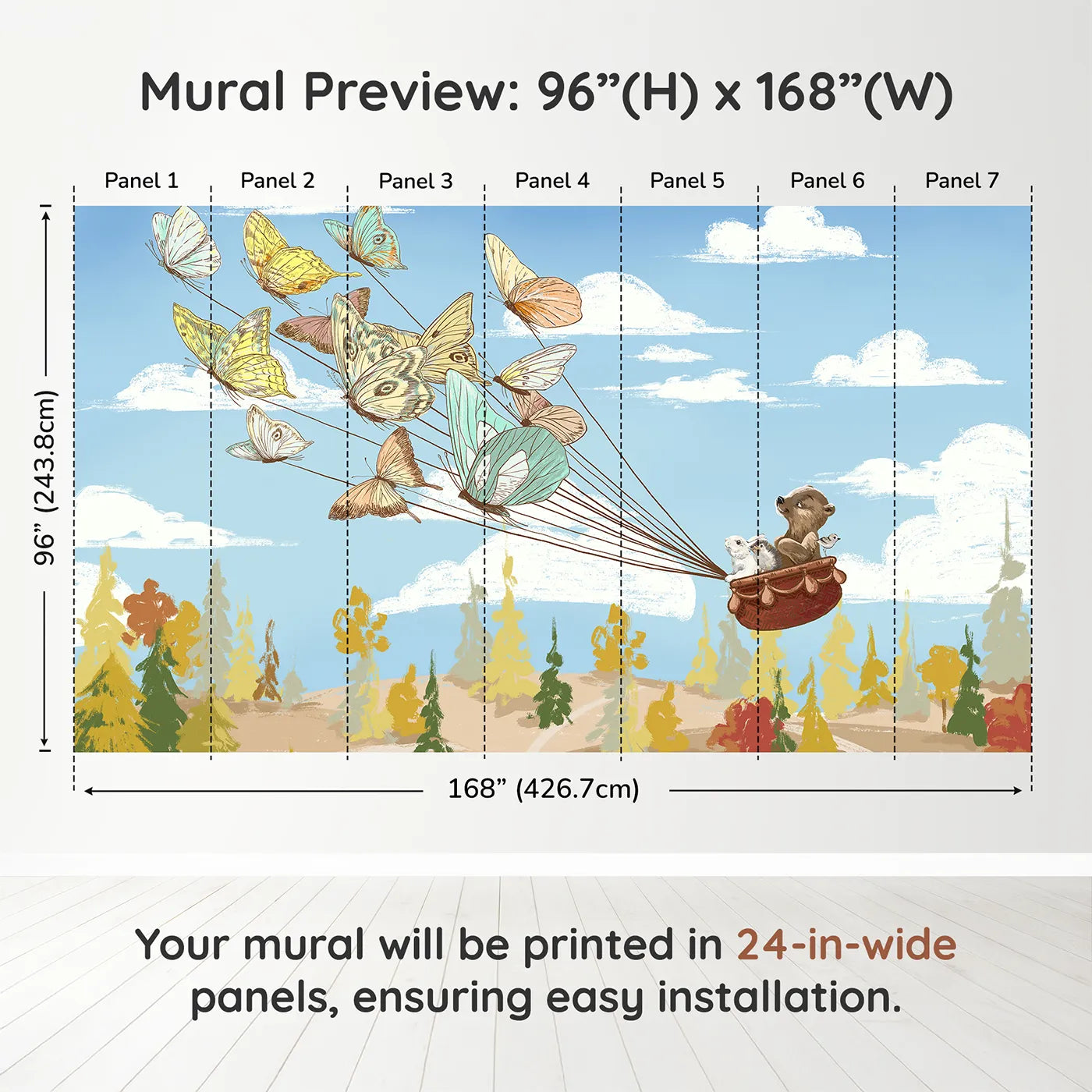 Whimsy Tots Butterfly Balloon Ride Wall Muraldimension view (96" H x 168" W). Printed in seven 24-inch-wide panels. Gender-Neutral