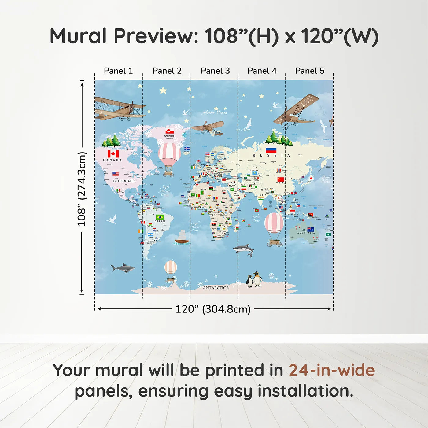 Whimsy Tots Flags of the World Map Wall Mural in Pinkdimension view (108" H x 120" W). Printed in five 24-inch-wide panels. Gender-Neutral