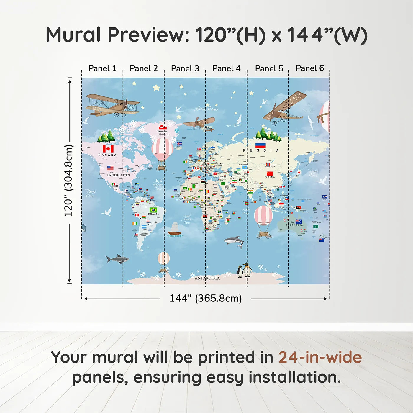 Whimsy Tots Flags of the World Map Wall Mural in Pinkdimension view (120" H x 144" W). Printed in six 24-inch-wide panels. Gender-Neutral