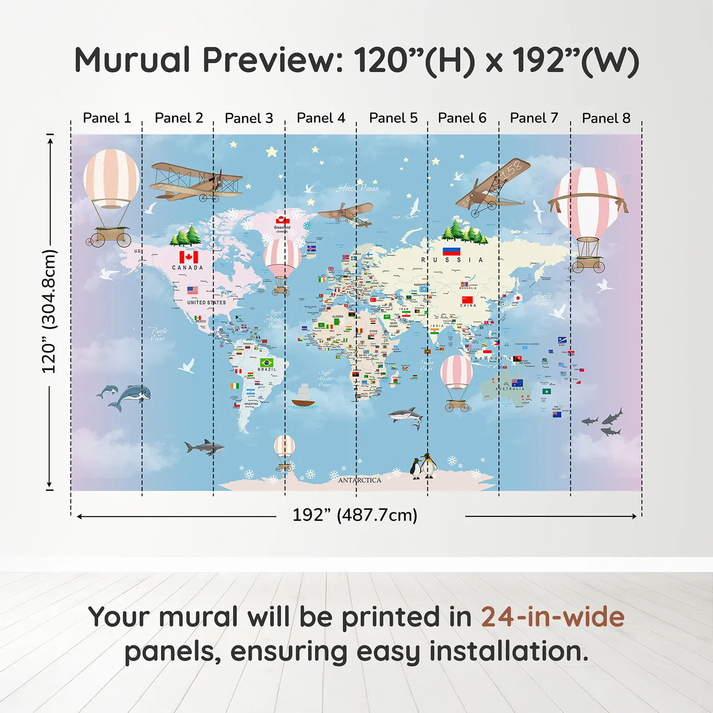 Whimsy Tots Flags of the World Map Wall Mural in Pinkdimension view (120" H x 192" W). Printed in eight 24-inch-wide panels. Gender-Neutral