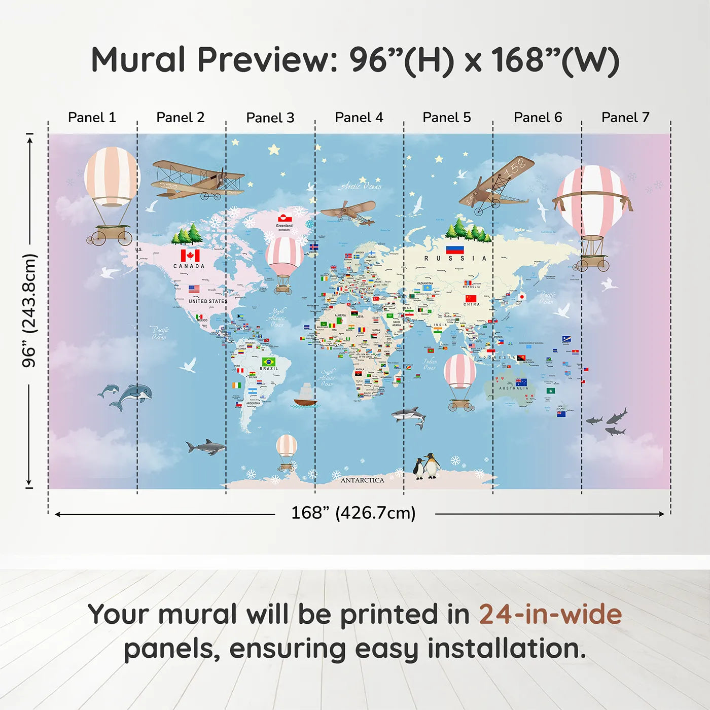 Whimsy Tots Flags of the World Map Wall Mural in Pinkdimension view (96" H x 168" W). Printed in seven 24-inch-wide panels. Gender-Neutral