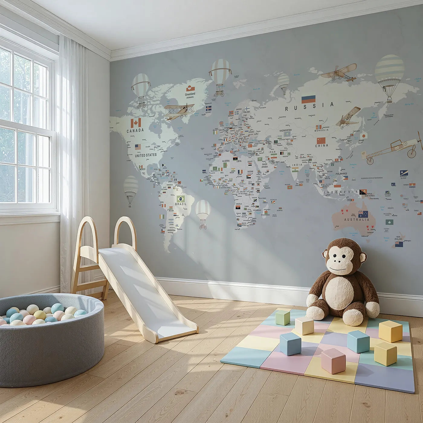 Angled view of Whimsy Tots' Vintage World Map with Flags Wall Mural (Turn Their Room into a Sophisticated Explorer's Office).Gender-Neutral