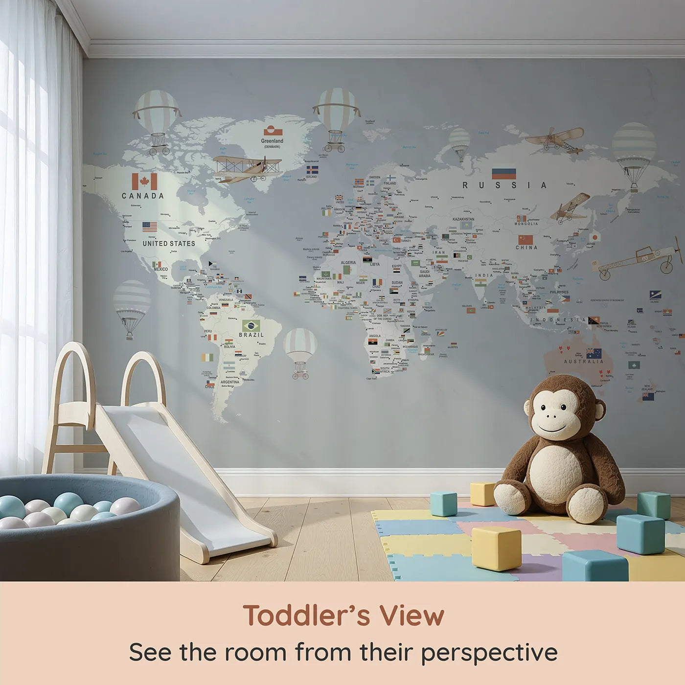 Whimsy Tots Vintage World Map with Flags Wall Mural (Turn Their Room into a Sophisticated Explorer's Office) from your child's view.Gender-Neutral