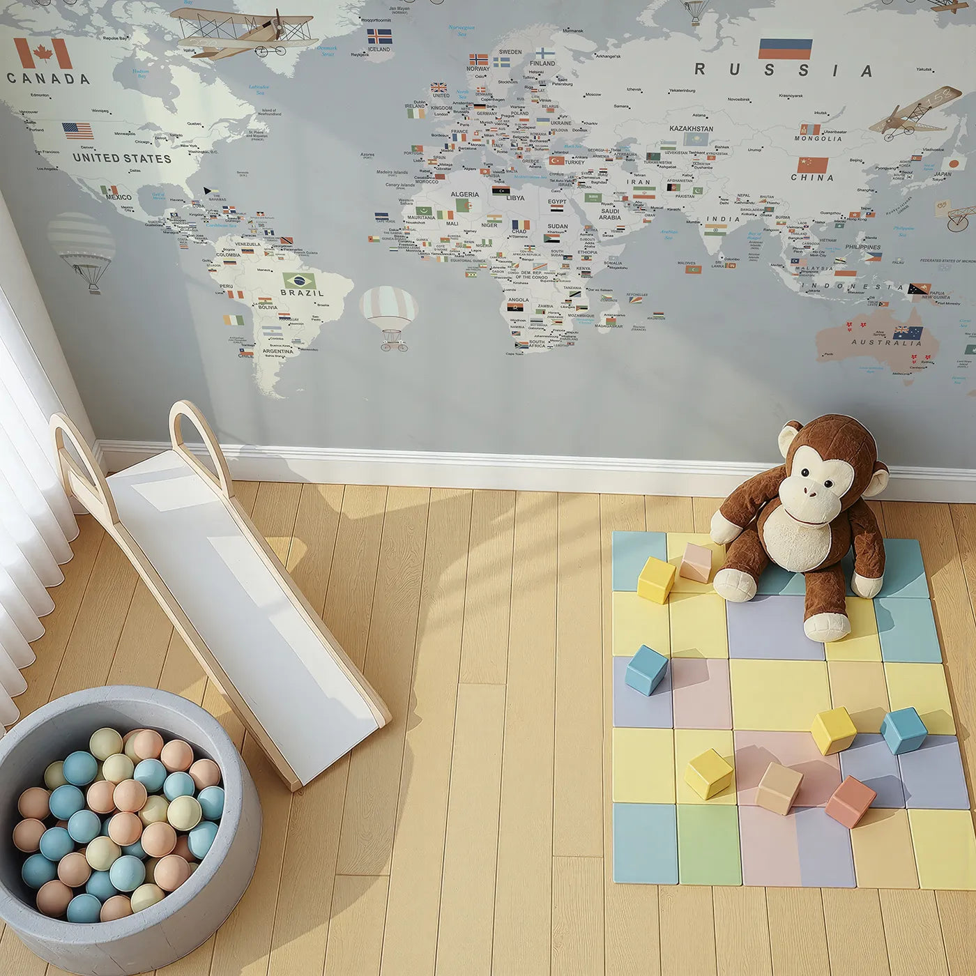 Top-down view of Whimsy Tots' Vintage World Map with Flags Wall Mural (Turn Their Room into a Sophisticated Explorer's Office).Gender-Neutral