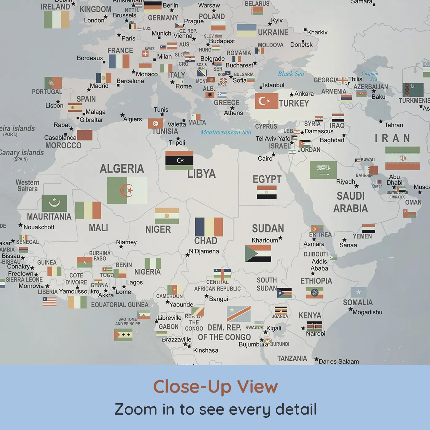 Close-up view of Whimsy Tots' Vintage World Map with Flags Wall Mural (Turn Their Room into a Sophisticated Explorer's Office).Gender-Neutral