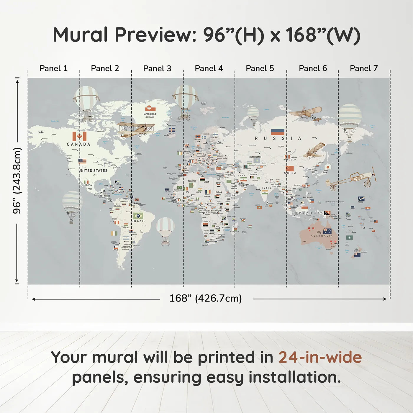 Whimsy Tots Vintage World Map with Flags Wall Muraldimension view (96" H x 168" W). Printed in seven 24-inch-wide panels. Gender-Neutral