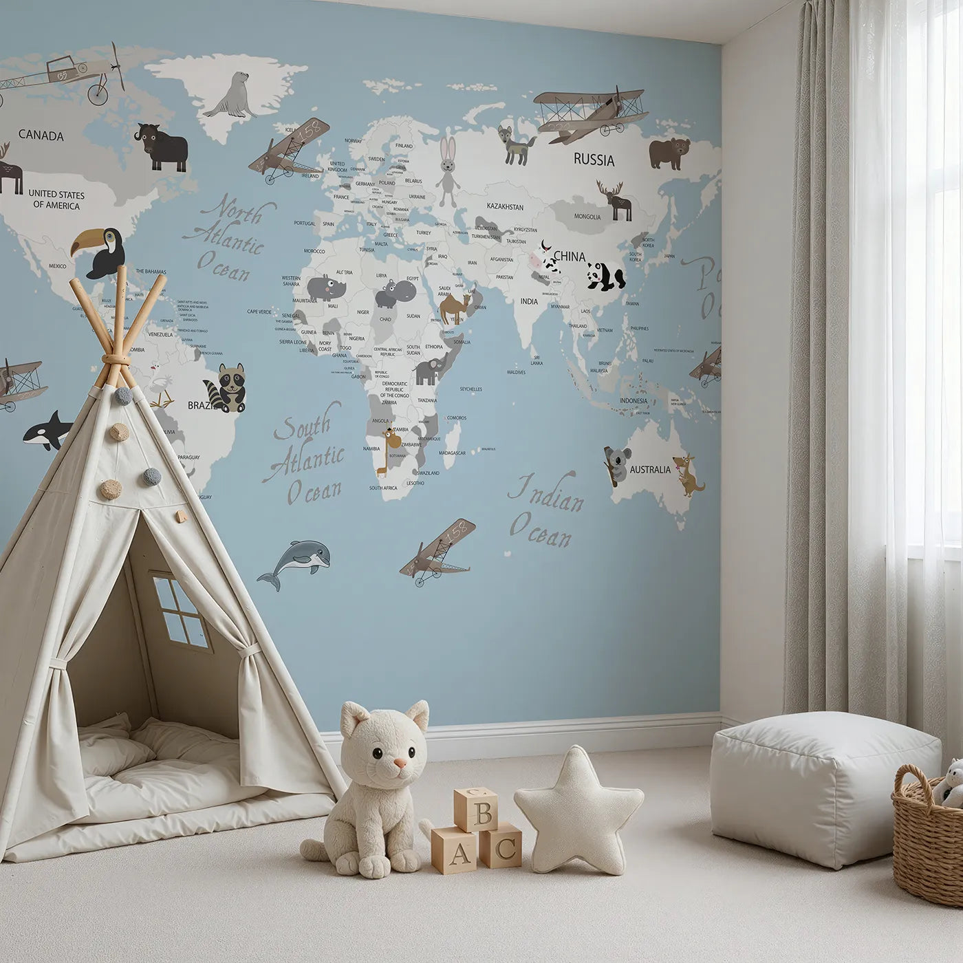 Angled view of Whimsy Tots' Vintage Animal Aviator World Map Wall Mural (Turn Their Room into a Whimsical World Tour).Gender-Neutral