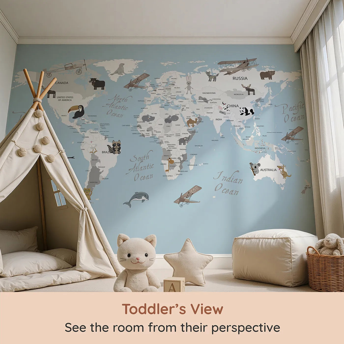Whimsy Tots Vintage Animal Aviator World Map Wall Mural (Turn Their Room into a Whimsical World Tour) from your child's view.Gender-Neutral