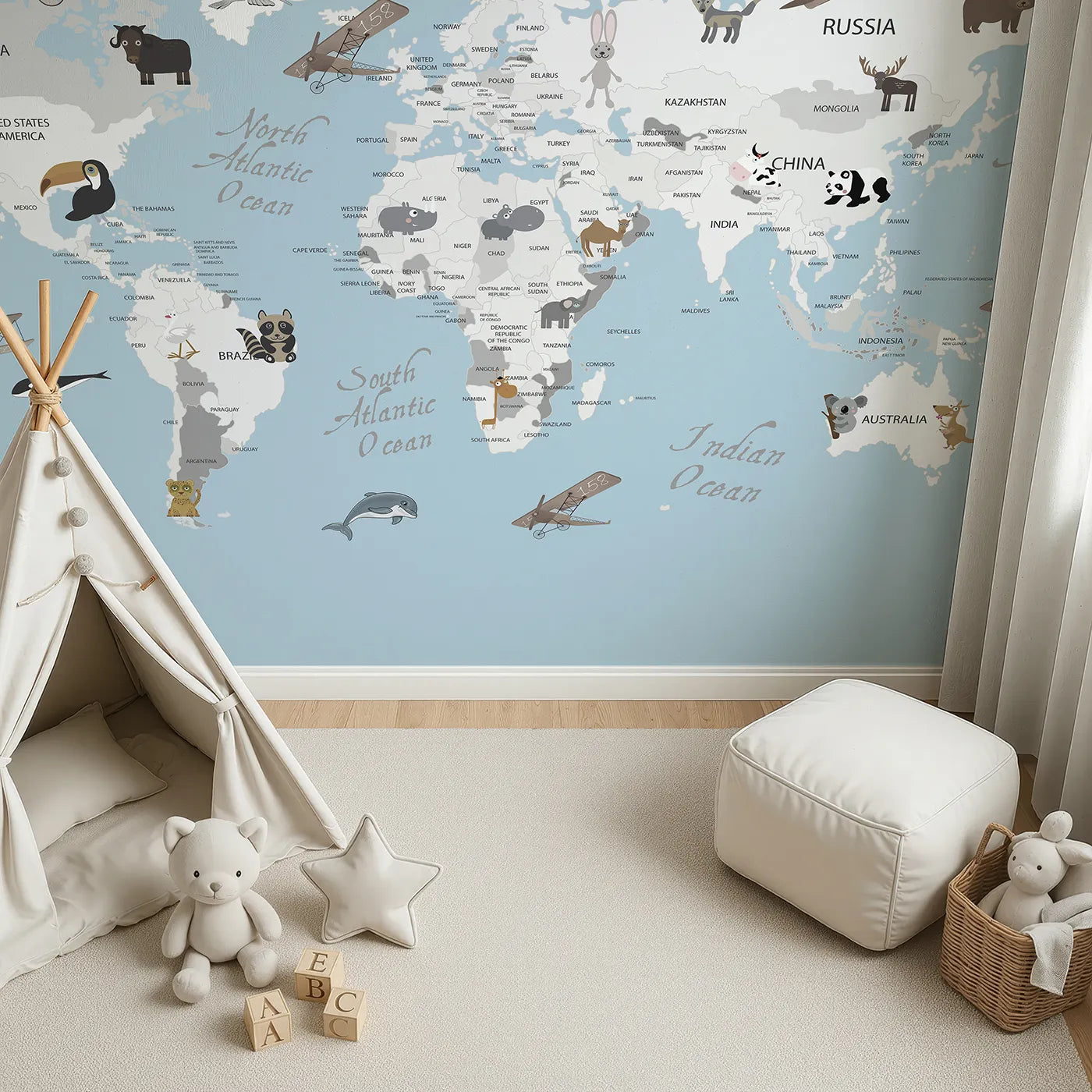 Top-down view of Whimsy Tots' Vintage Animal Aviator World Map Wall Mural (Turn Their Room into a Whimsical World Tour).Gender-Neutral