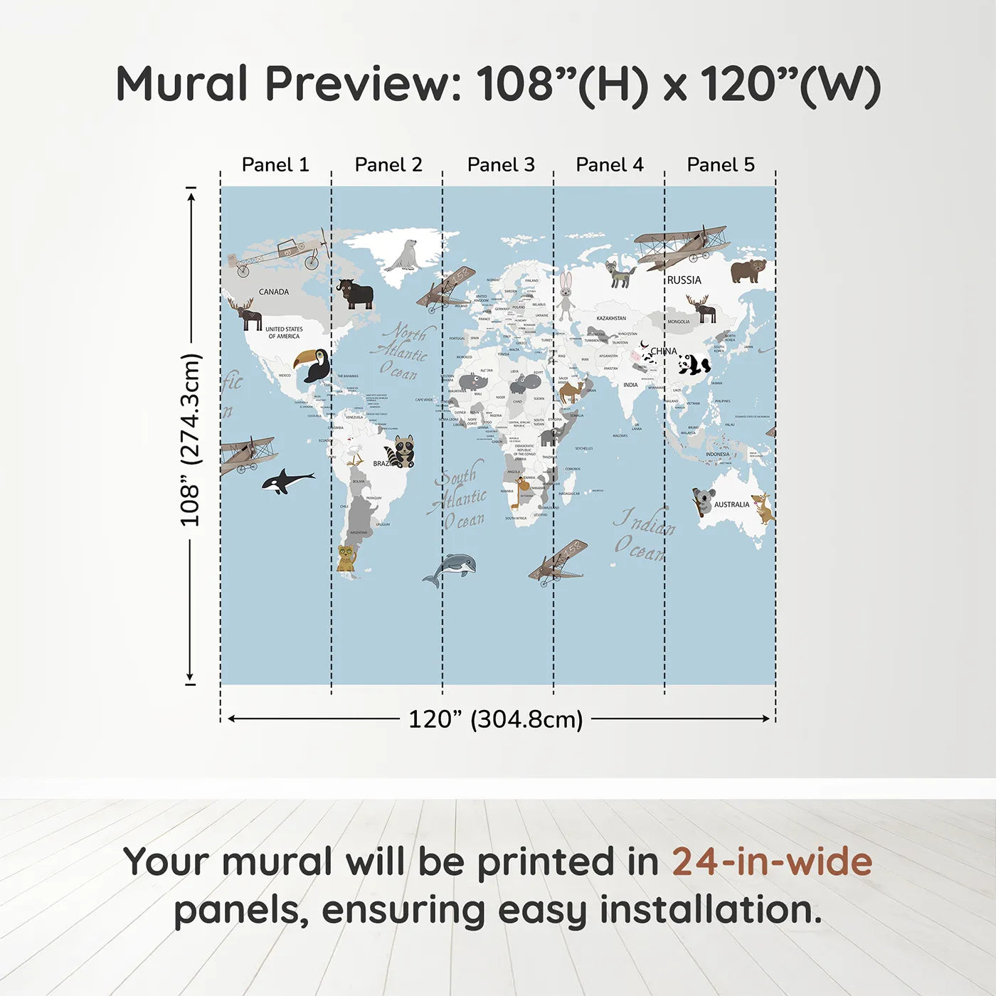 Whimsy Tots Vintage Animal Aviator World Map Wall Muraldimension view (108" H x 120" W). Printed in five 24-inch-wide panels. Gender-Neutral