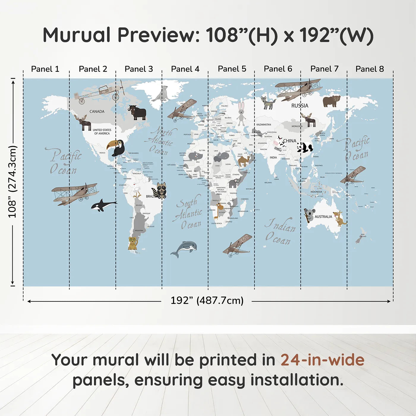 Whimsy Tots Vintage Animal Aviator World Map Wall Muraldimension view (108" H x 192" W). Printed in eight 24-inch-wide panels. Gender-Neutral