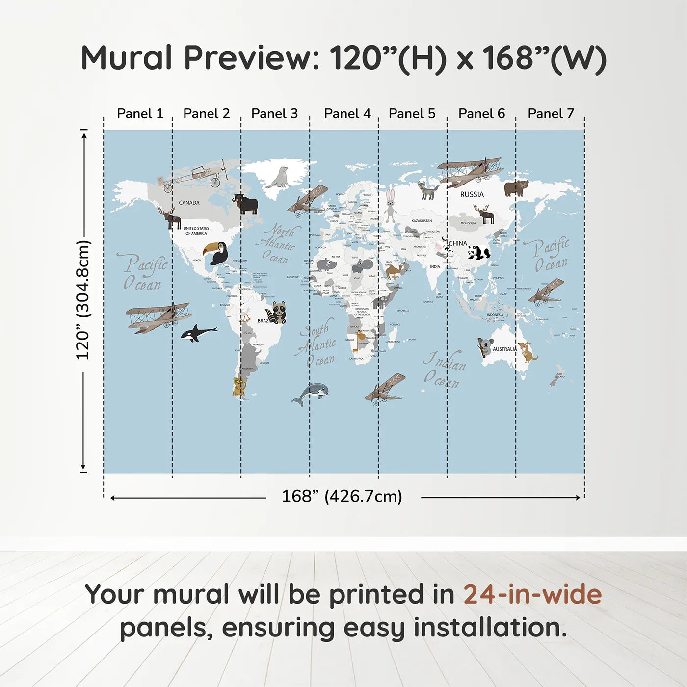 Whimsy Tots Vintage Animal Aviator World Map Wall Muraldimension view (120" H x 168" W). Printed in seven 24-inch-wide panels. Gender-Neutral