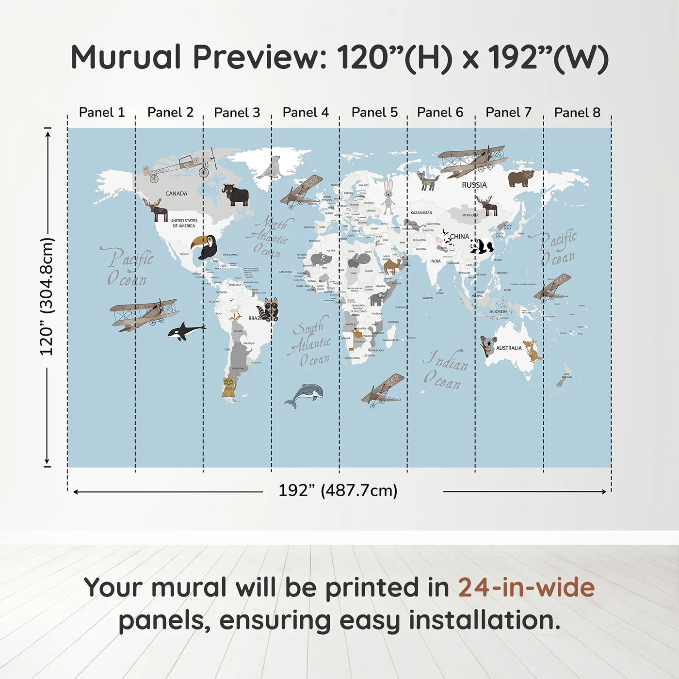 Whimsy Tots Vintage Animal Aviator World Map Wall Muraldimension view (120" H x 192" W). Printed in eight 24-inch-wide panels. Gender-Neutral
