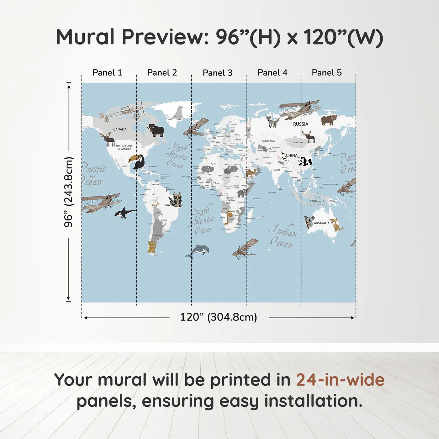 Whimsy Tots Vintage Animal Aviator World Map Wall Muraldimension view (96" H x 120" W). Printed in five 24-inch-wide panels. Gender-Neutral