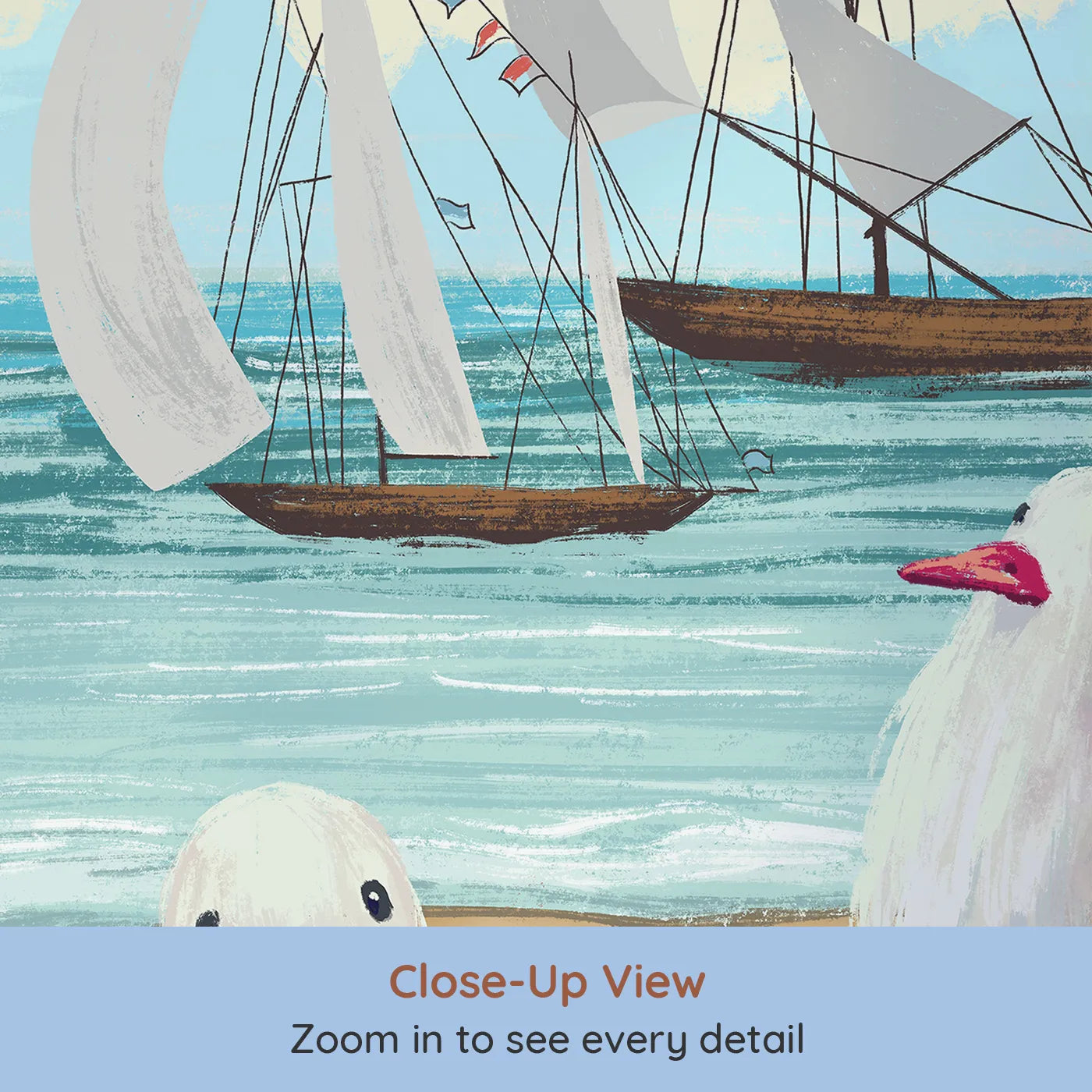 Close-up view of Whimsy Tots' Seagulls at the Seashore Wall Mural (Turn Their Room into a Cheerful Day at the Beach).Gender-Neutral
