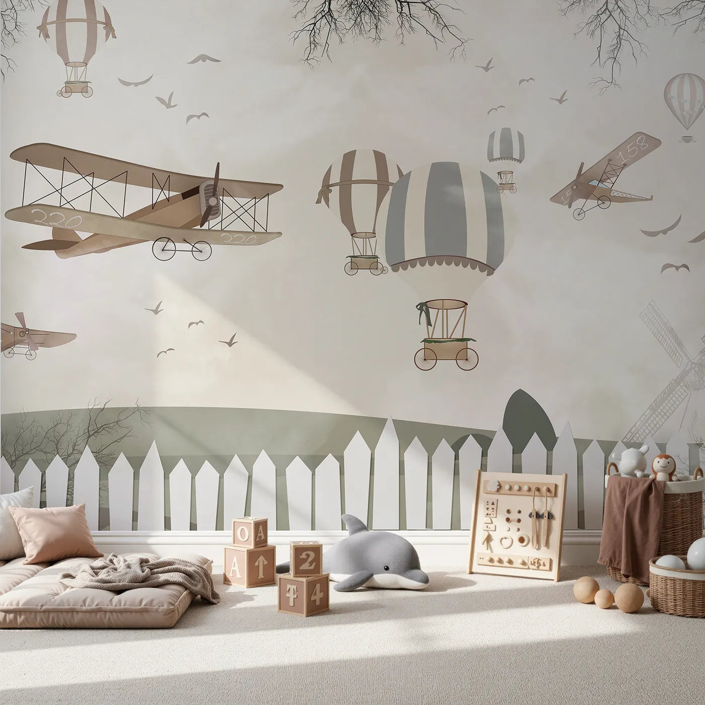 Front view of Whimsy Tots' Vintage Aviation Field Wall Mural