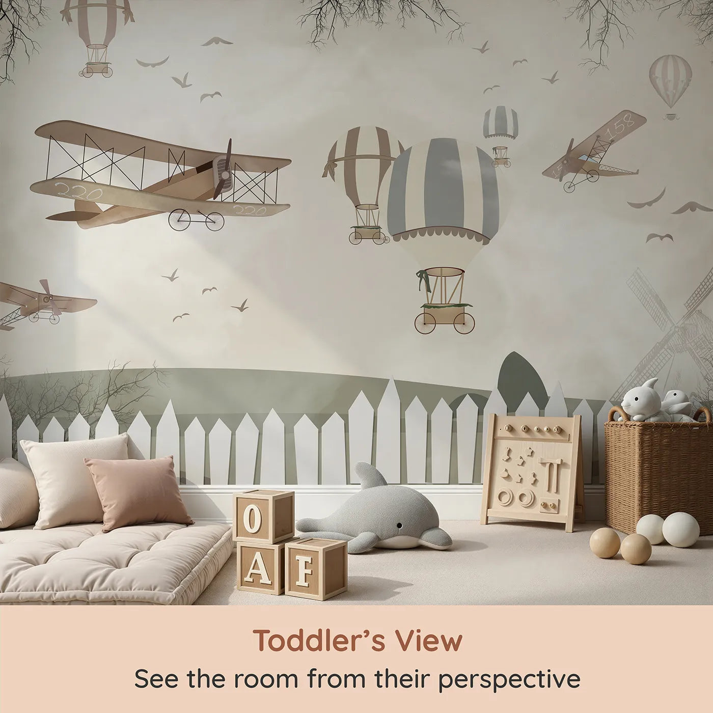Whimsy Tots Vintage Aviation Field Wall Mural (Turn Their Room into a Nostalgic Country Airfield) from your child's view.Gender-Neutral