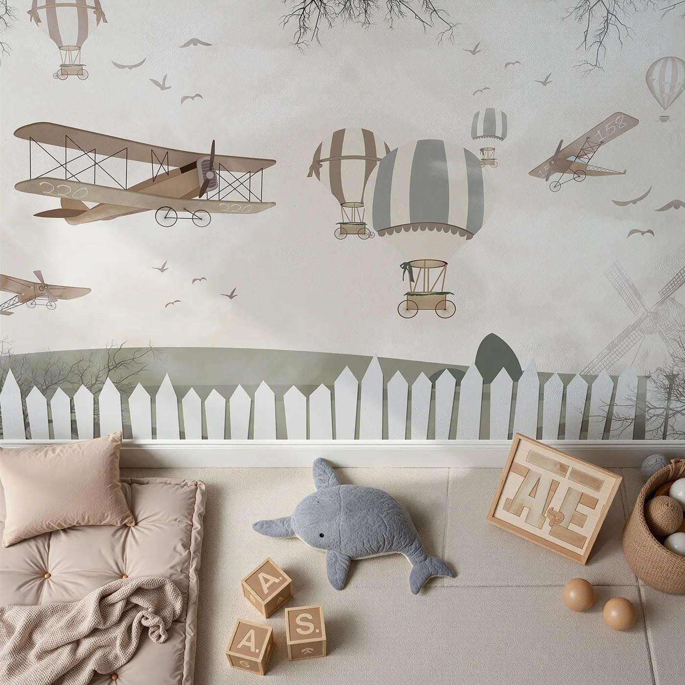Top-down view of Whimsy Tots' Vintage Aviation Field Wall Mural (Turn Their Room into a Nostalgic Country Airfield).Gender-Neutral