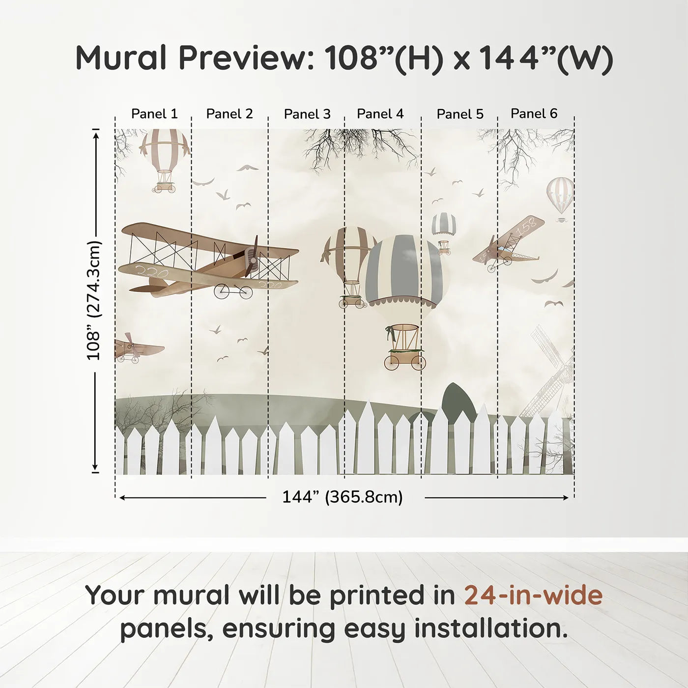 Whimsy Tots Vintage Aviation Field Wall Muraldimension view (108" H x 144" W). Printed in six 24-inch-wide panels. Gender-Neutral