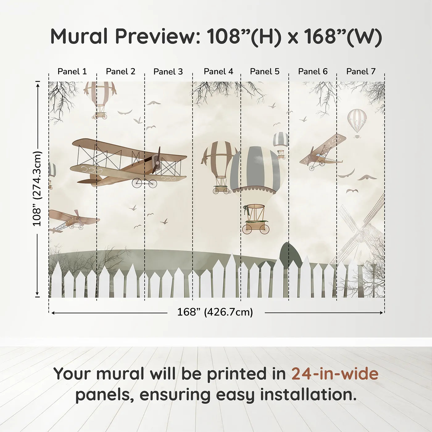 Whimsy Tots Vintage Aviation Field Wall Muraldimension view (108" H x 168" W). Printed in seven 24-inch-wide panels. Gender-Neutral