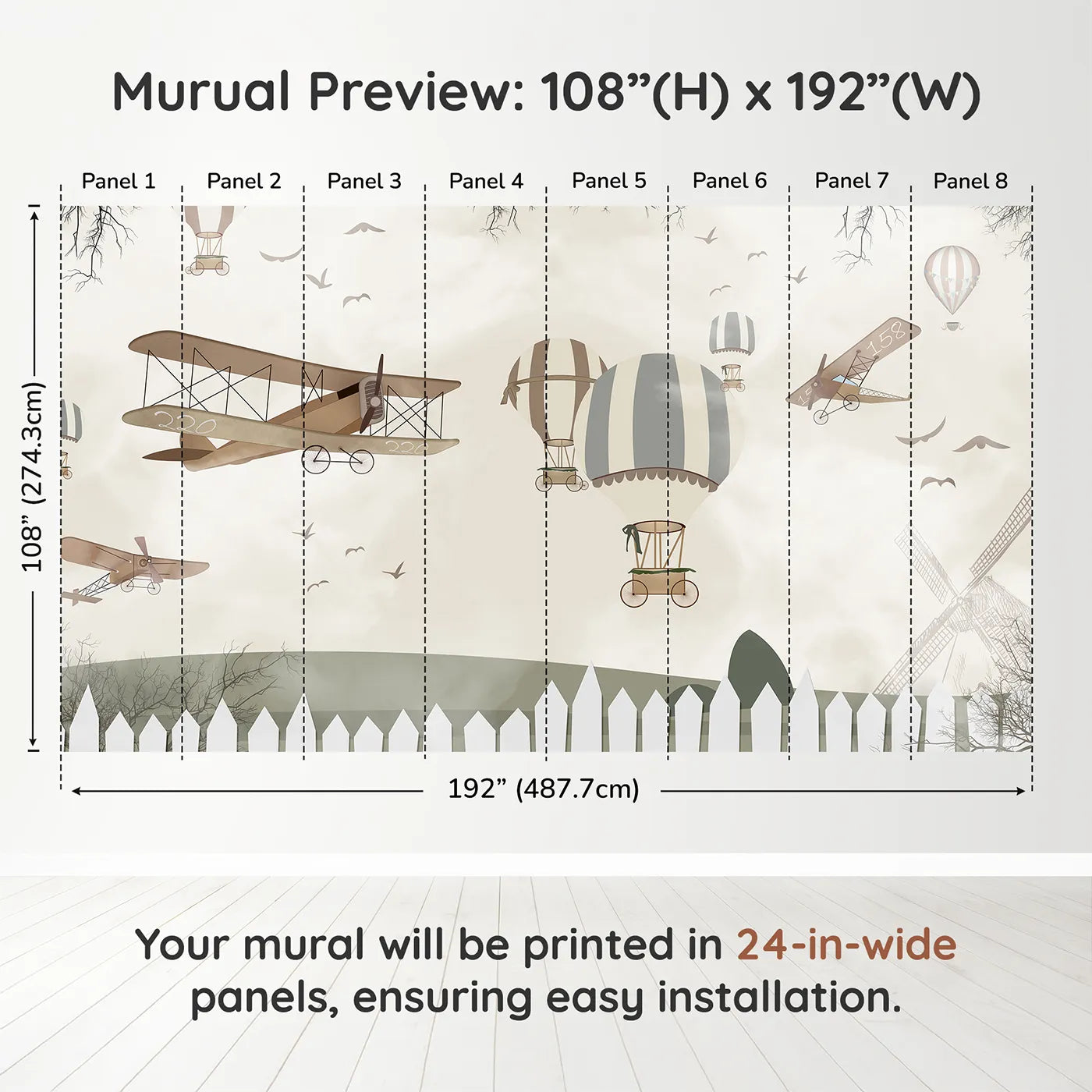 Whimsy Tots Vintage Aviation Field Wall Muraldimension view (108" H x 192" W). Printed in eight 24-inch-wide panels. Gender-Neutral