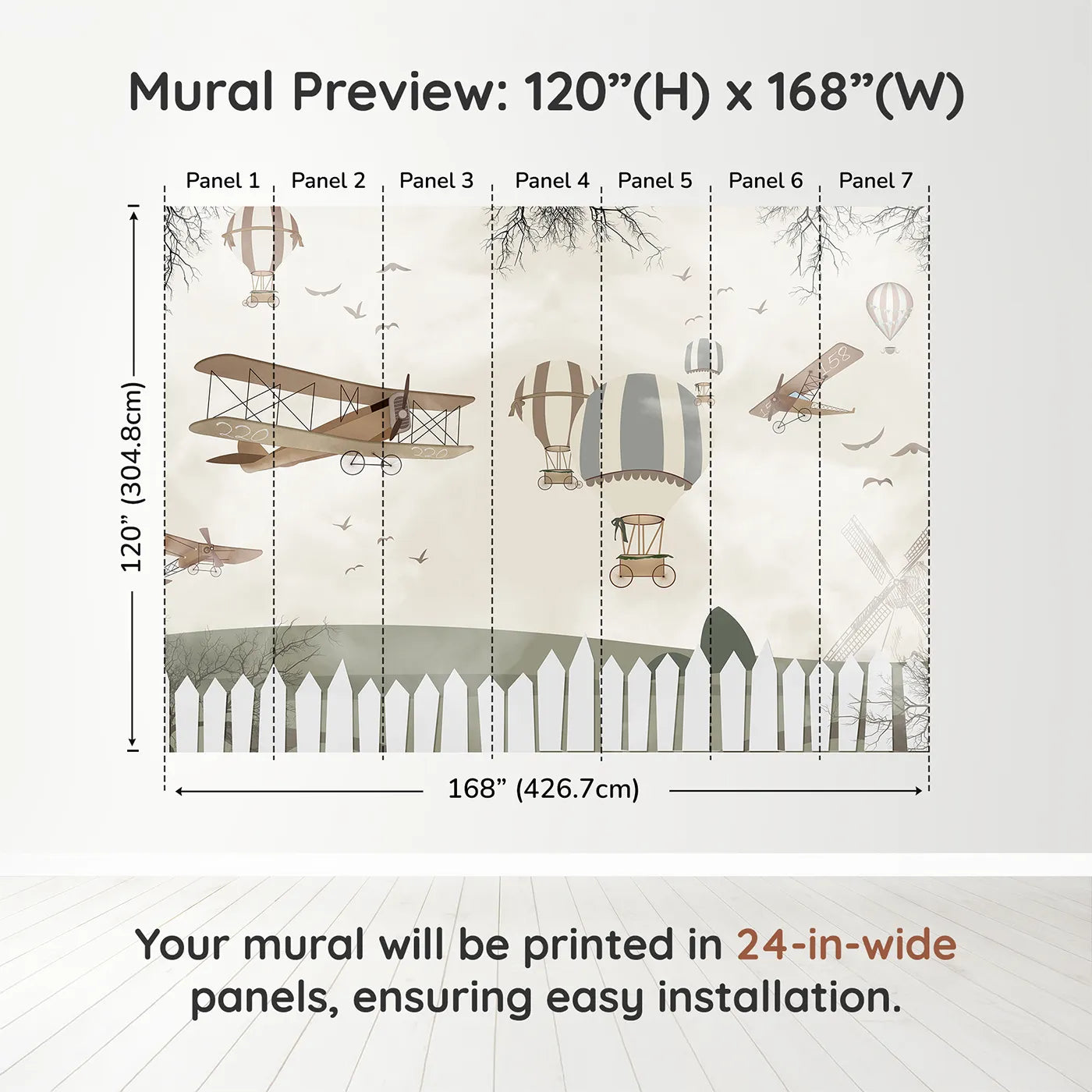 Whimsy Tots Vintage Aviation Field Wall Muraldimension view (120" H x 168" W). Printed in seven 24-inch-wide panels. Gender-Neutral