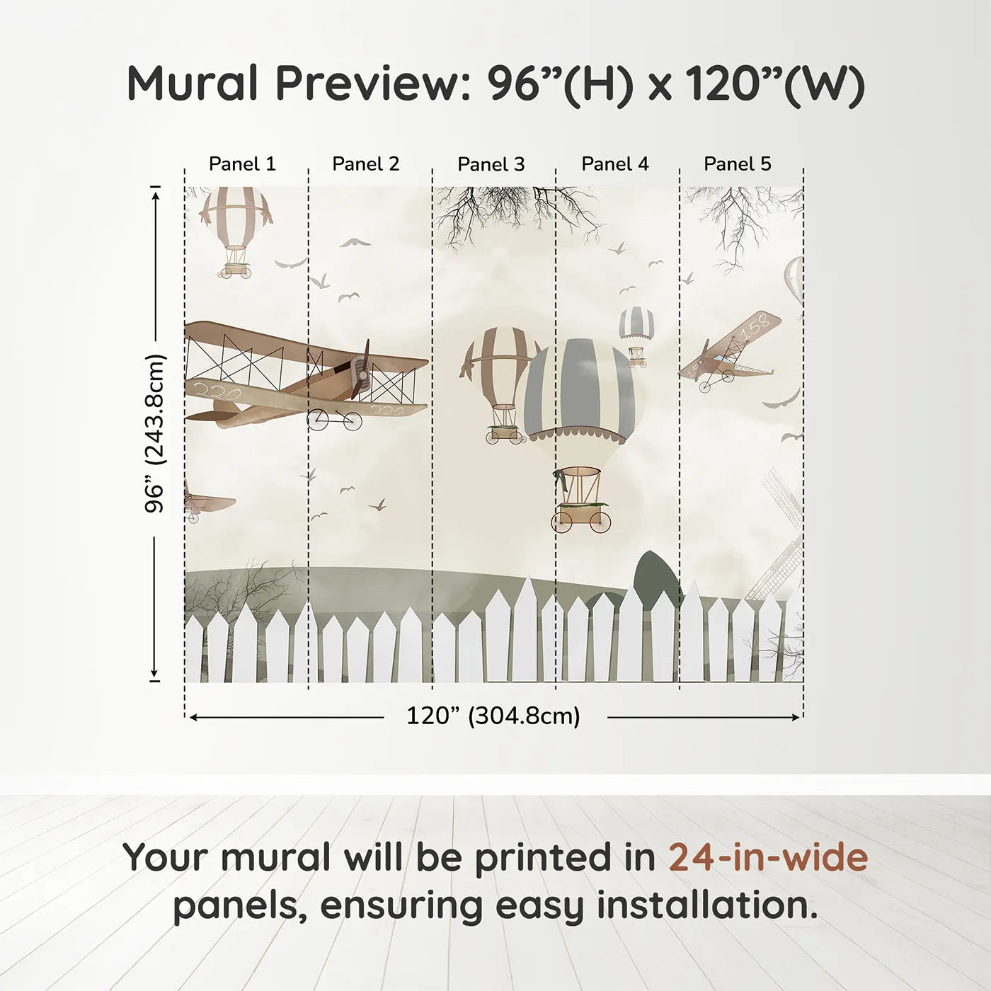 Whimsy Tots Vintage Aviation Field Wall Muraldimension view (96" H x 120" W). Printed in five 24-inch-wide panels. Gender-Neutral