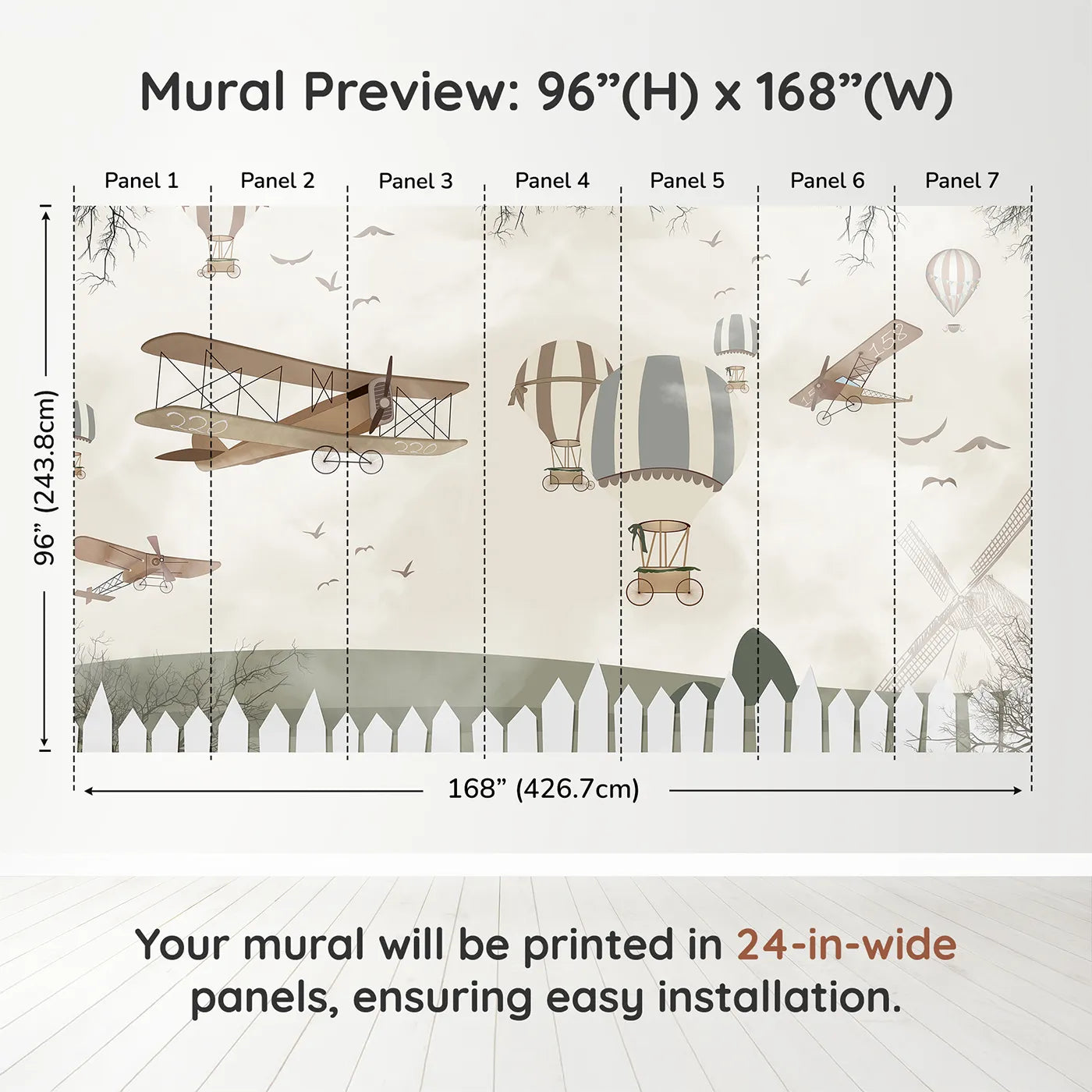 Whimsy Tots Vintage Aviation Field Wall Muraldimension view (96" H x 168" W). Printed in seven 24-inch-wide panels. Gender-Neutral