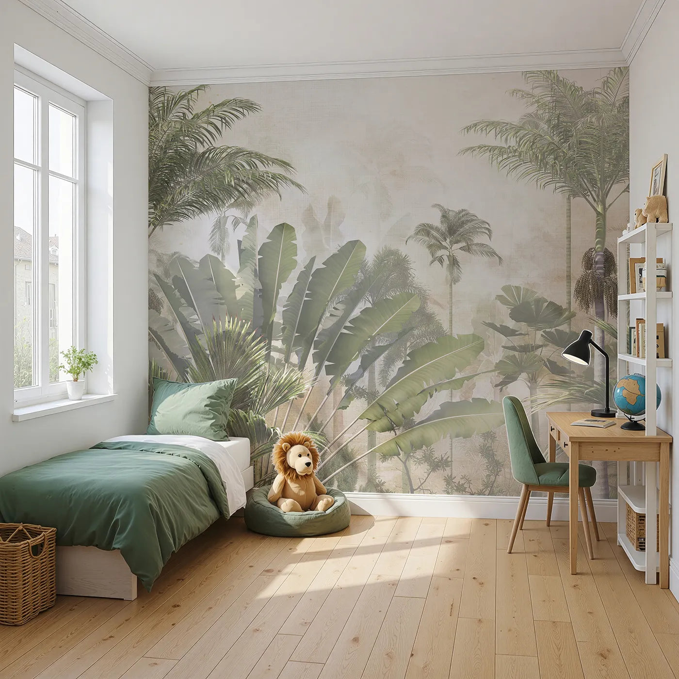 Angled view of Whimsy Tots' Misty Tropical Jungle Wall Mural (Turn Their Room into a Lush, Atmospheric Rainforest).Gender-Neutral