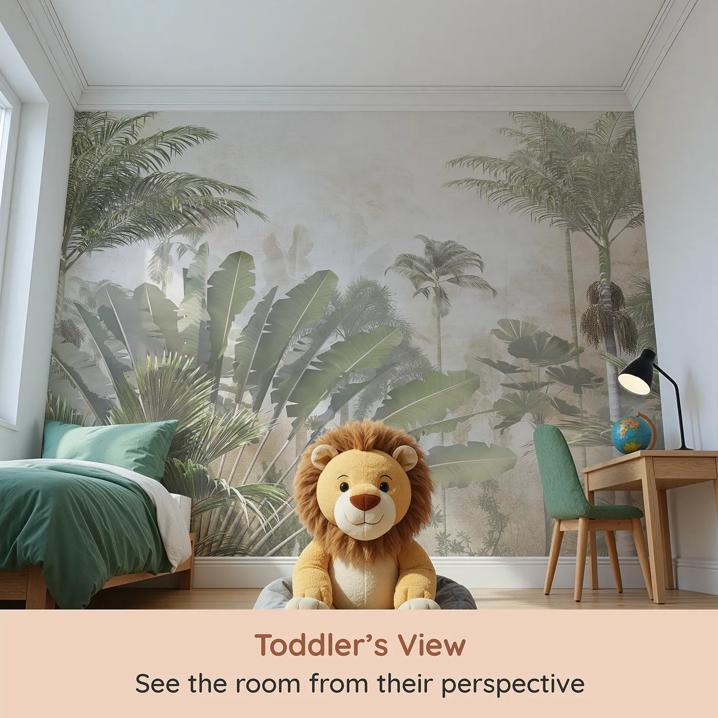 Whimsy Tots Misty Tropical Jungle Wall Mural (Turn Their Room into a Lush, Atmospheric Rainforest) from your child's view.Gender-Neutral