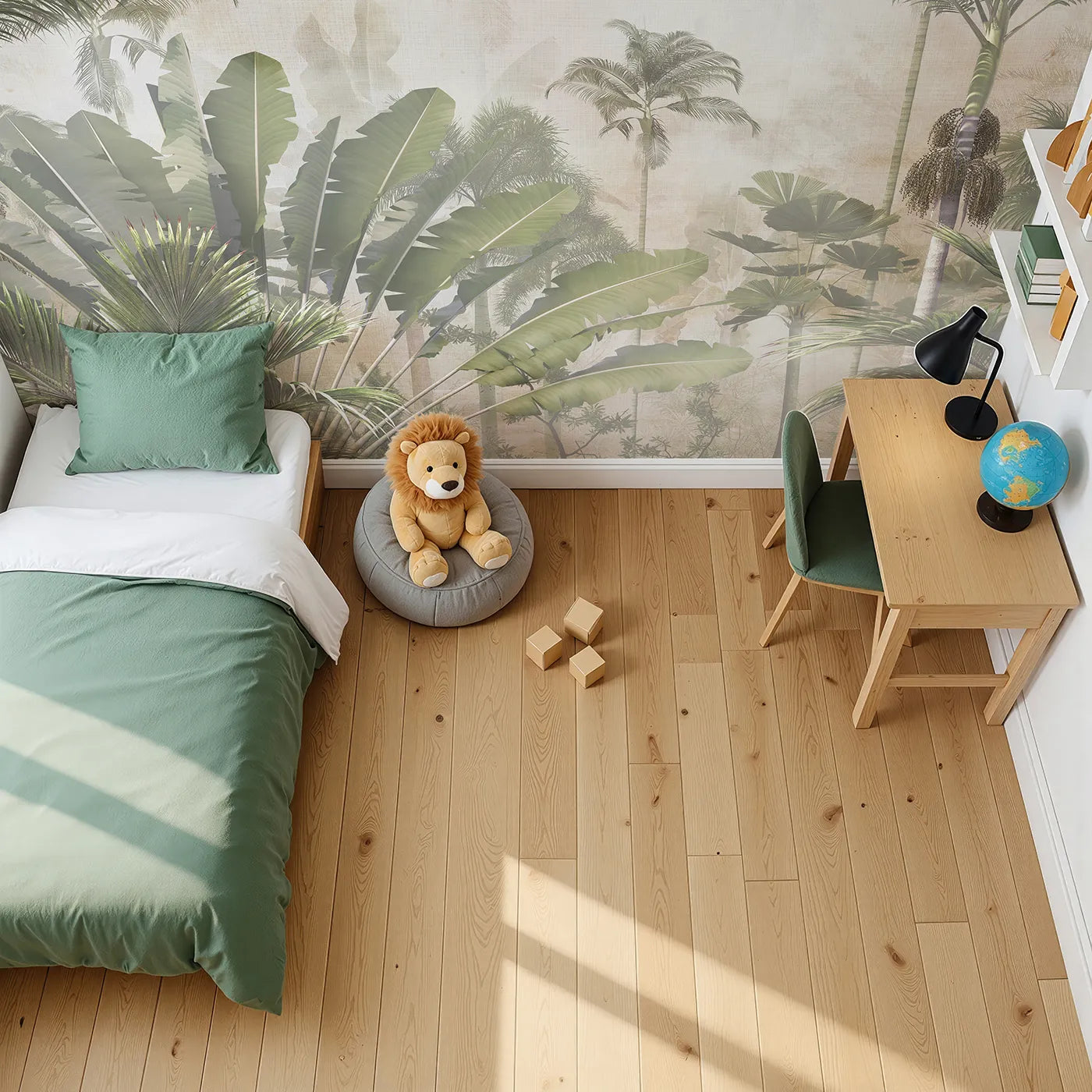 Top-down view of Whimsy Tots' Misty Tropical Jungle Wall Mural (Turn Their Room into a Lush, Atmospheric Rainforest).Gender-Neutral