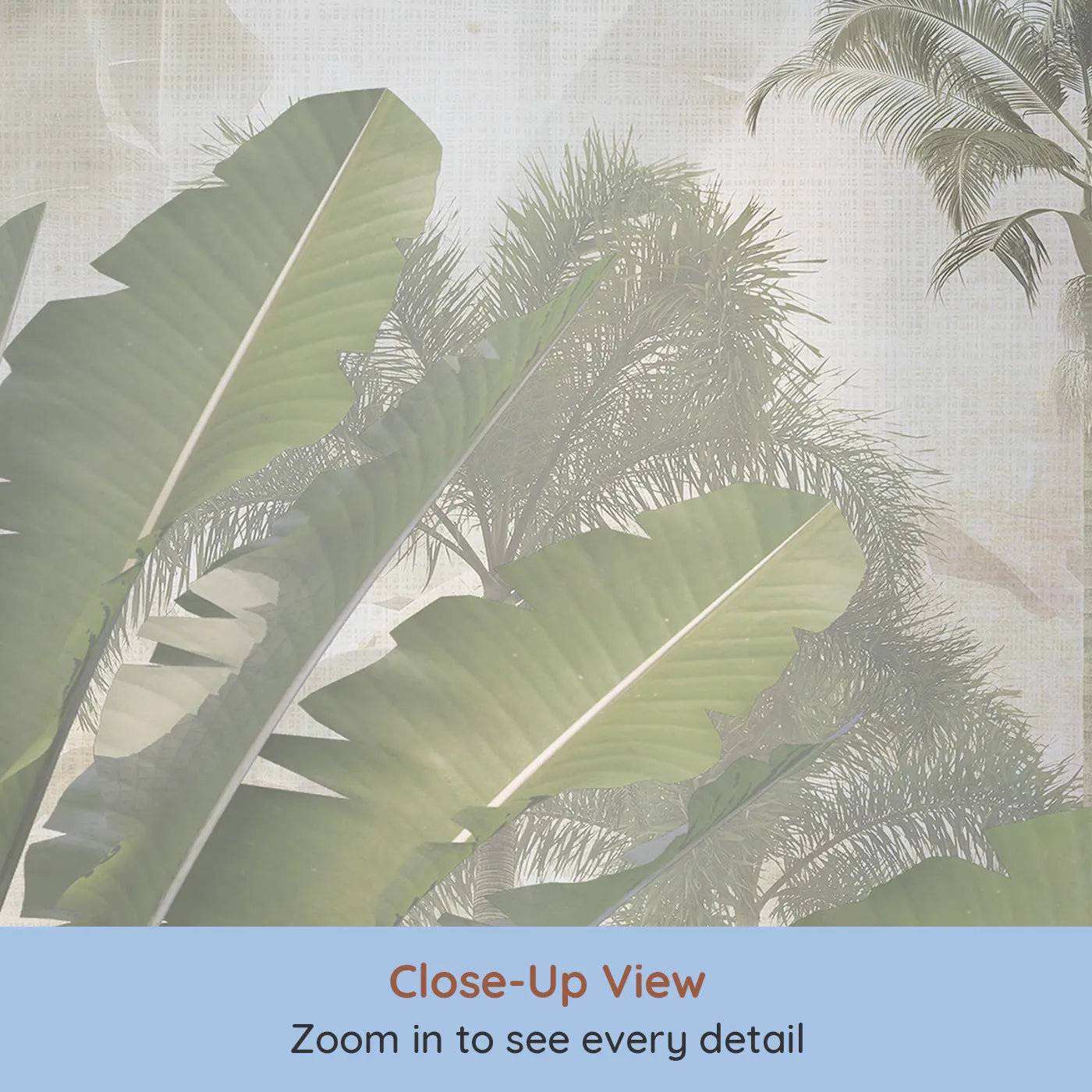 Close-up view of Whimsy Tots' Misty Tropical Jungle Wall Mural (Turn Their Room into a Lush, Atmospheric Rainforest).Gender-Neutral