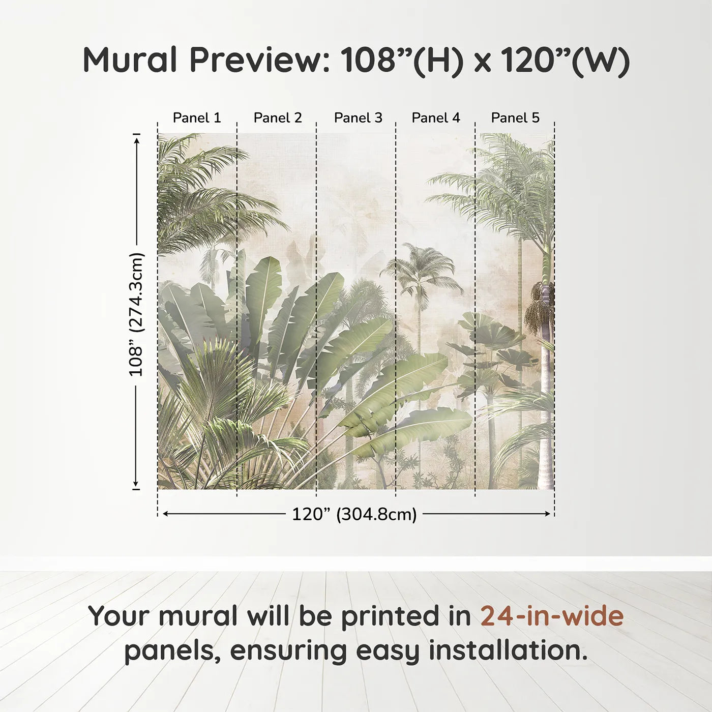 Whimsy Tots Misty Tropical Jungle Wall Muraldimension view (108" H x 120" W). Printed in five 24-inch-wide panels. Gender-Neutral