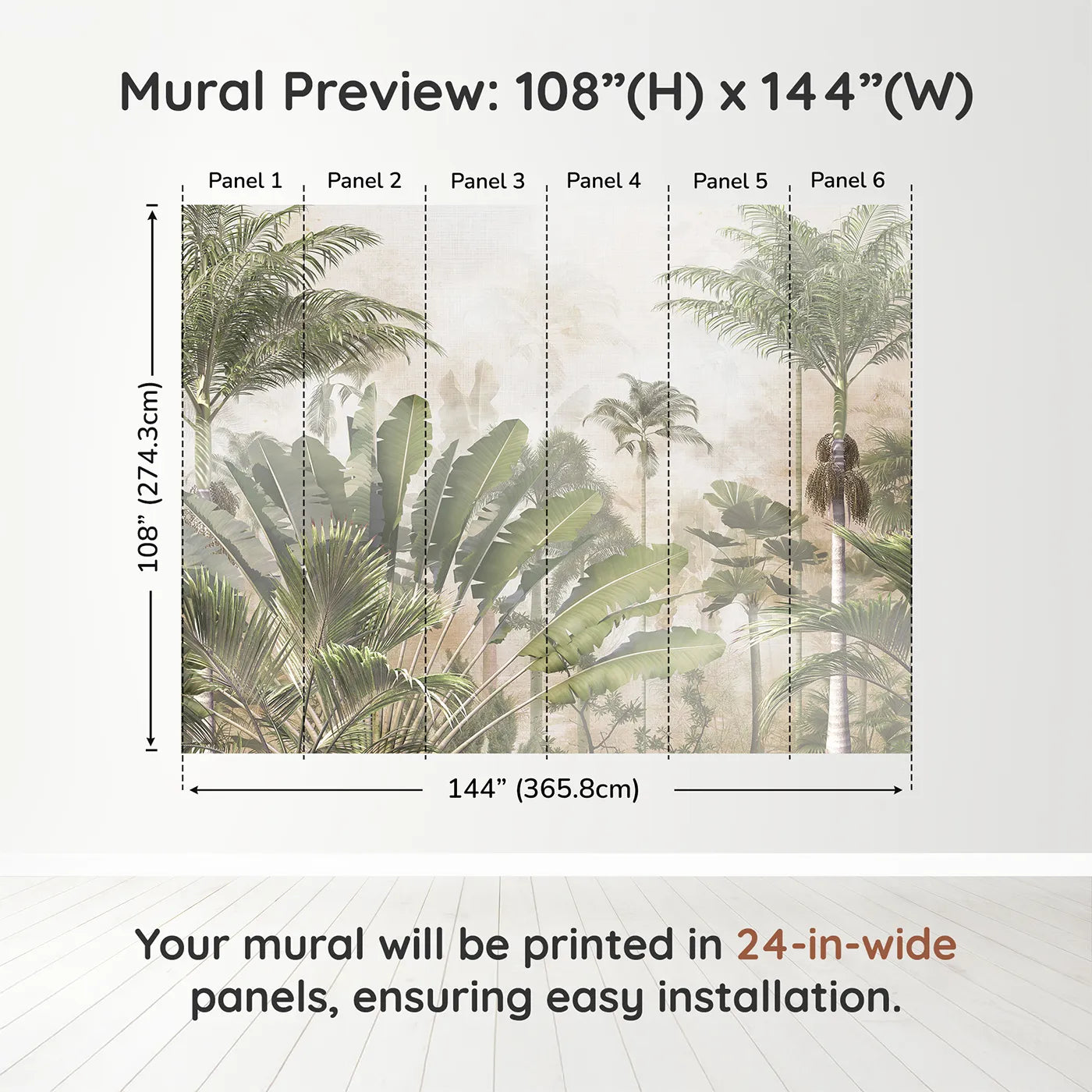 Whimsy Tots Misty Tropical Jungle Wall Muraldimension view (108" H x 144" W). Printed in six 24-inch-wide panels. Gender-Neutral