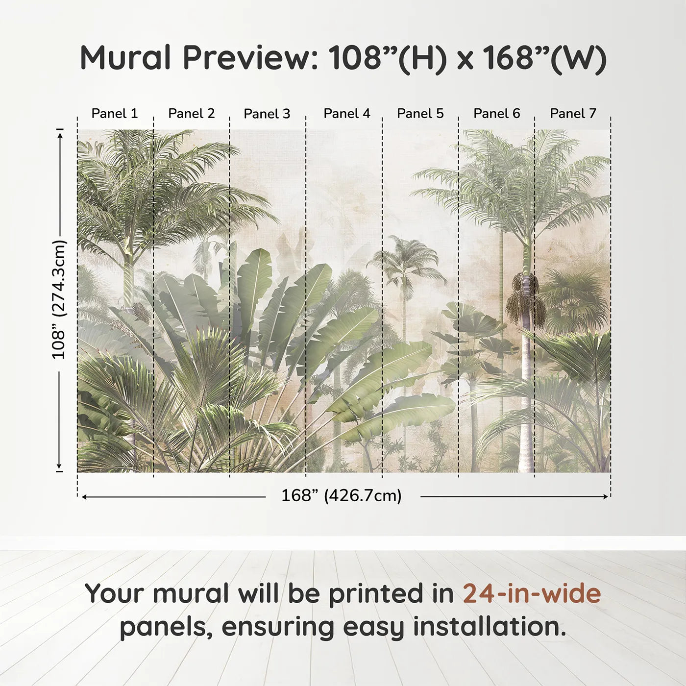 Whimsy Tots Misty Tropical Jungle Wall Muraldimension view (108" H x 168" W). Printed in seven 24-inch-wide panels. Gender-Neutral