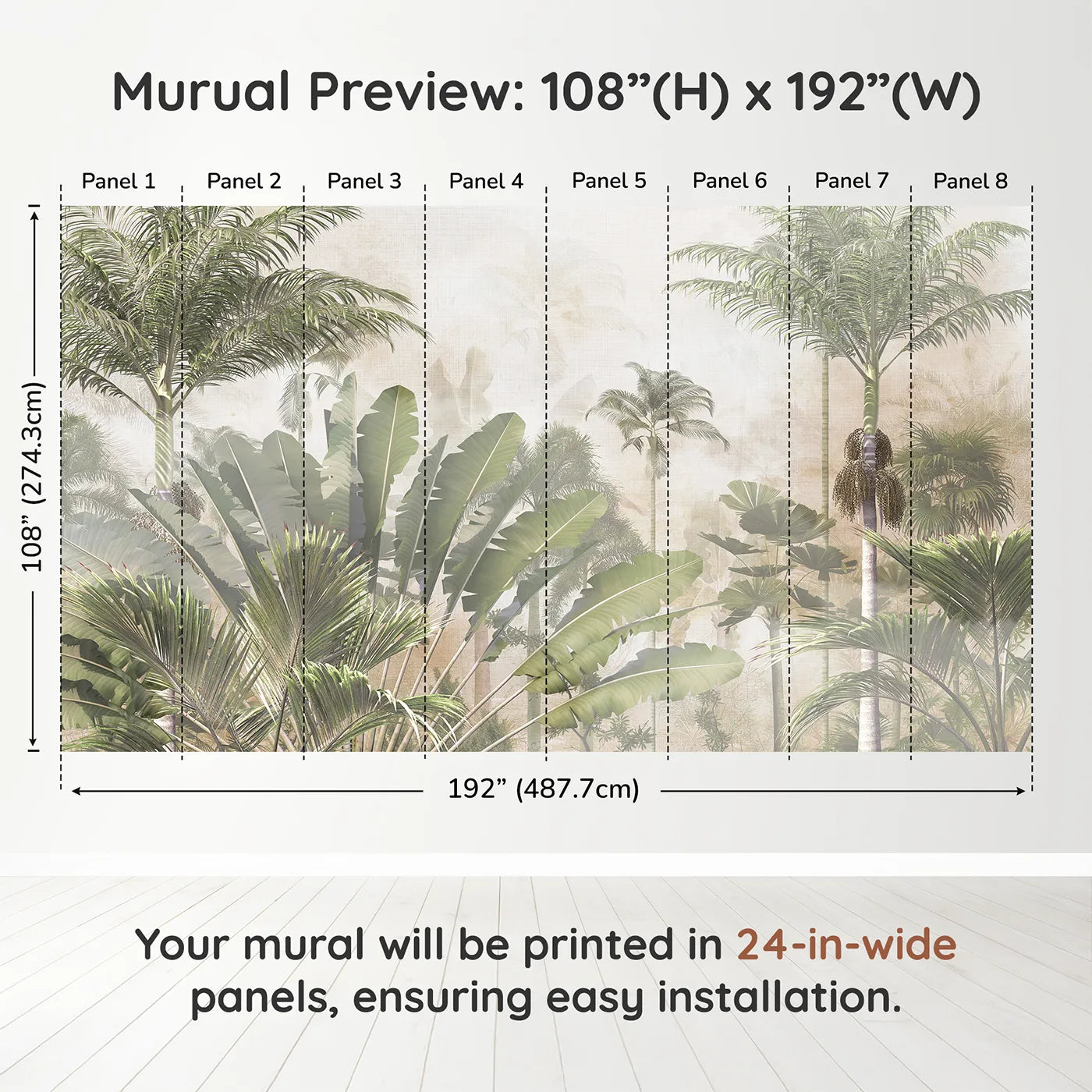 Whimsy Tots Misty Tropical Jungle Wall Muraldimension view (108" H x 192" W). Printed in eight 24-inch-wide panels. Gender-Neutral