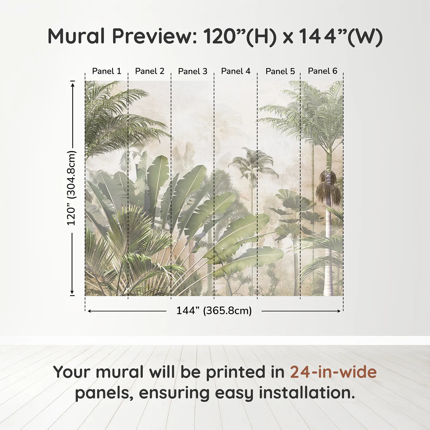 Whimsy Tots Misty Tropical Jungle Wall Muraldimension view (120" H x 144" W). Printed in six 24-inch-wide panels. Gender-Neutral