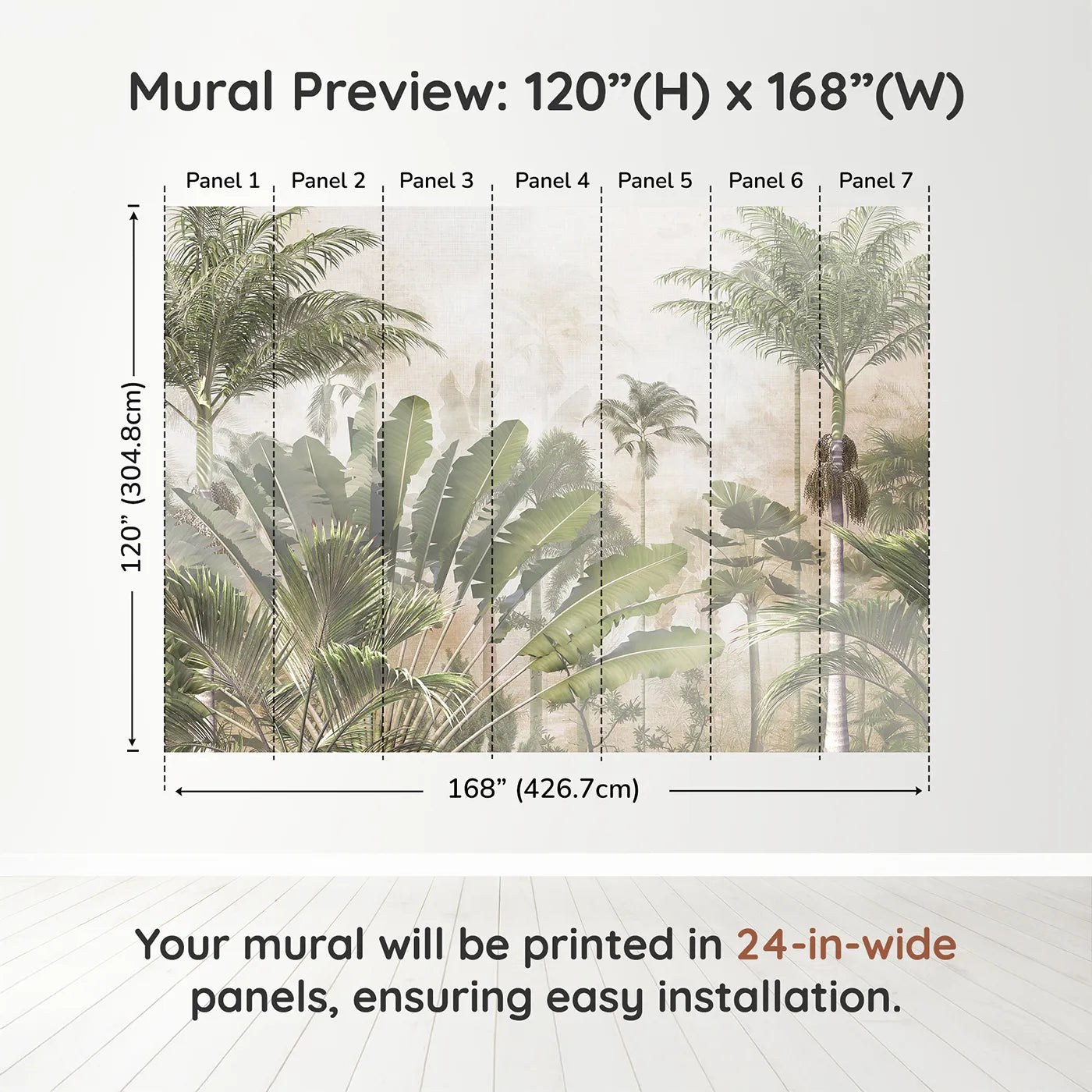 Whimsy Tots Misty Tropical Jungle Wall Muraldimension view (120" H x 168" W). Printed in seven 24-inch-wide panels. Gender-Neutral