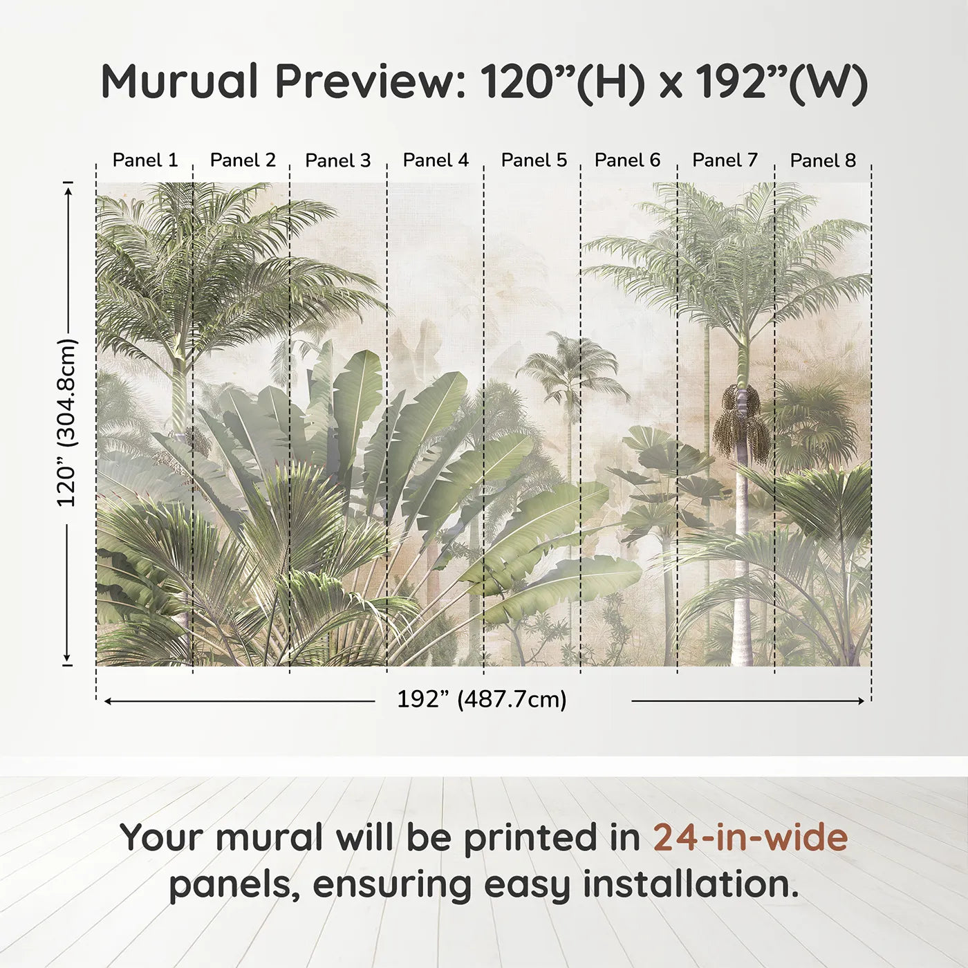 Whimsy Tots Misty Tropical Jungle Wall Muraldimension view (120" H x 192" W). Printed in eight 24-inch-wide panels. Gender-Neutral
