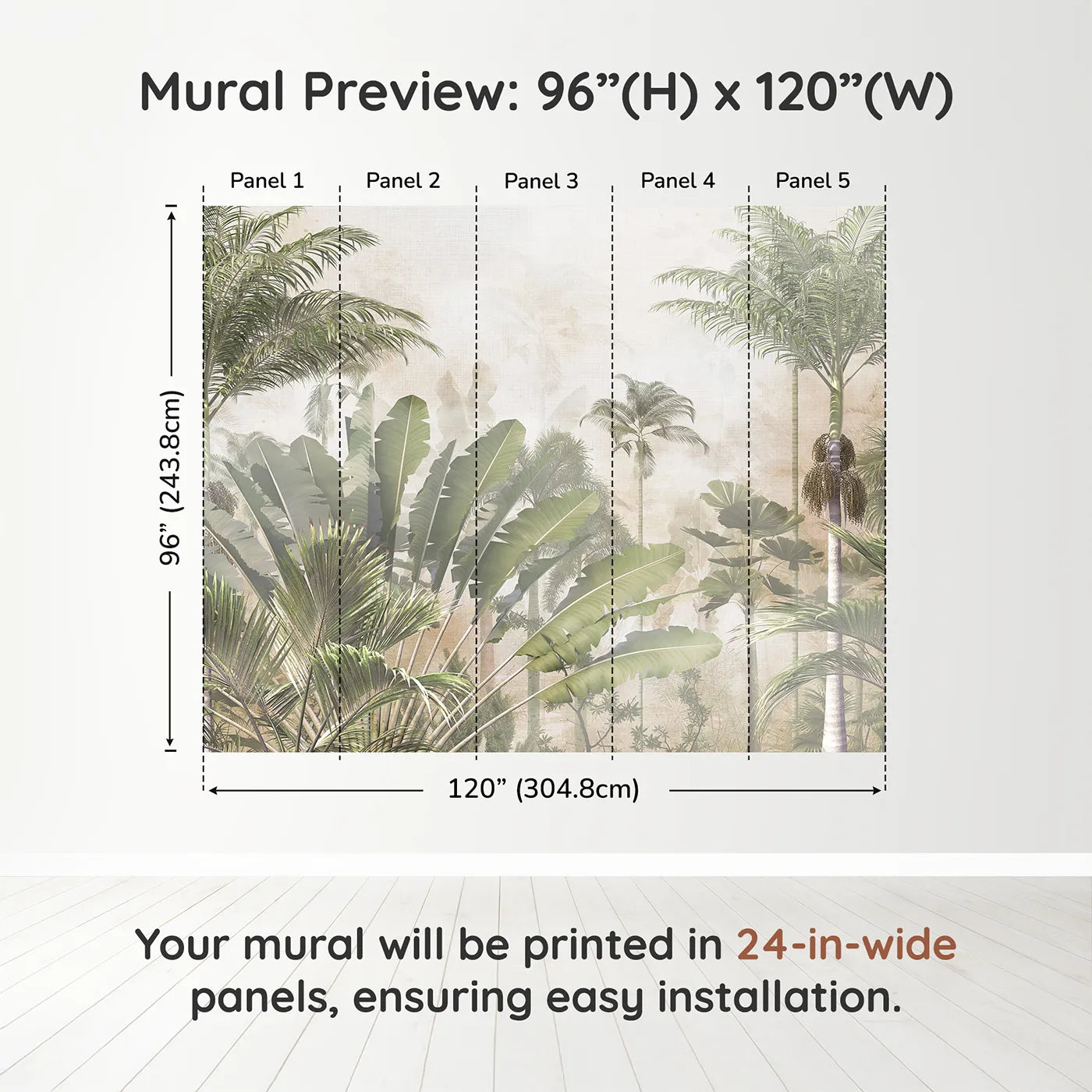 Whimsy Tots Misty Tropical Jungle Wall Muraldimension view (96" H x 120" W). Printed in five 24-inch-wide panels. Gender-Neutral