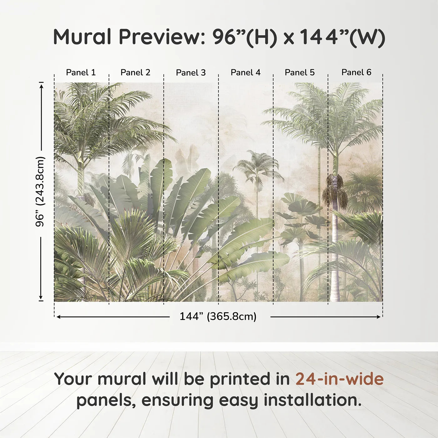 Whimsy Tots Misty Tropical Jungle Wall Muraldimension view (96" H x 144" W). Printed in six 24-inch-wide panels. Gender-Neutral