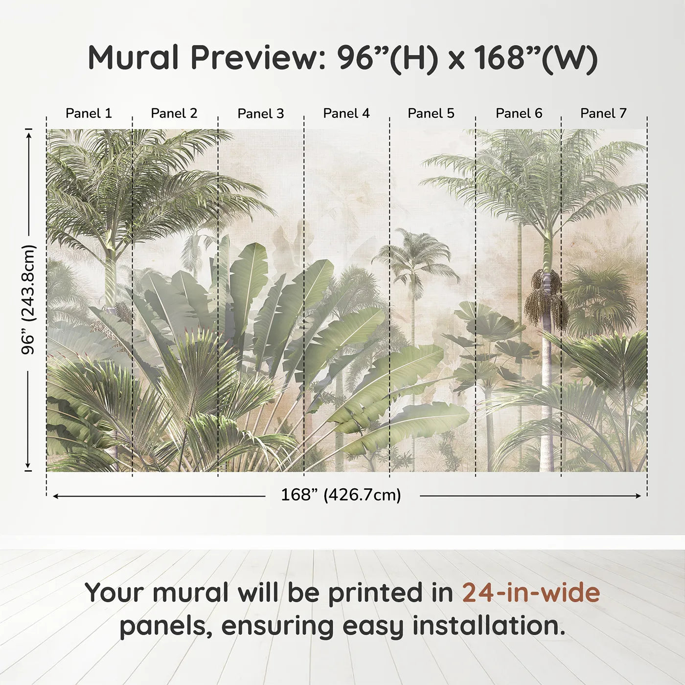 Whimsy Tots Misty Tropical Jungle Wall Muraldimension view (96" H x 168" W). Printed in seven 24-inch-wide panels. Gender-Neutral