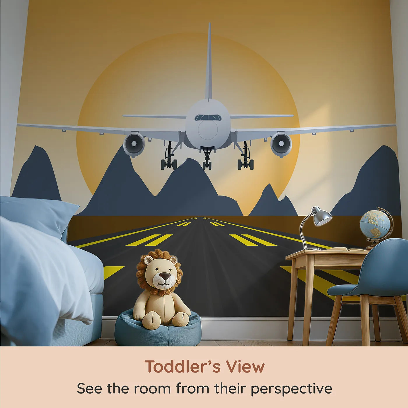 Whimsy Tots Sunset Landing Wall Mural (Turn Their Room into the Cockpit for a Sunset Approach) from your child's view.Gender-Neutral