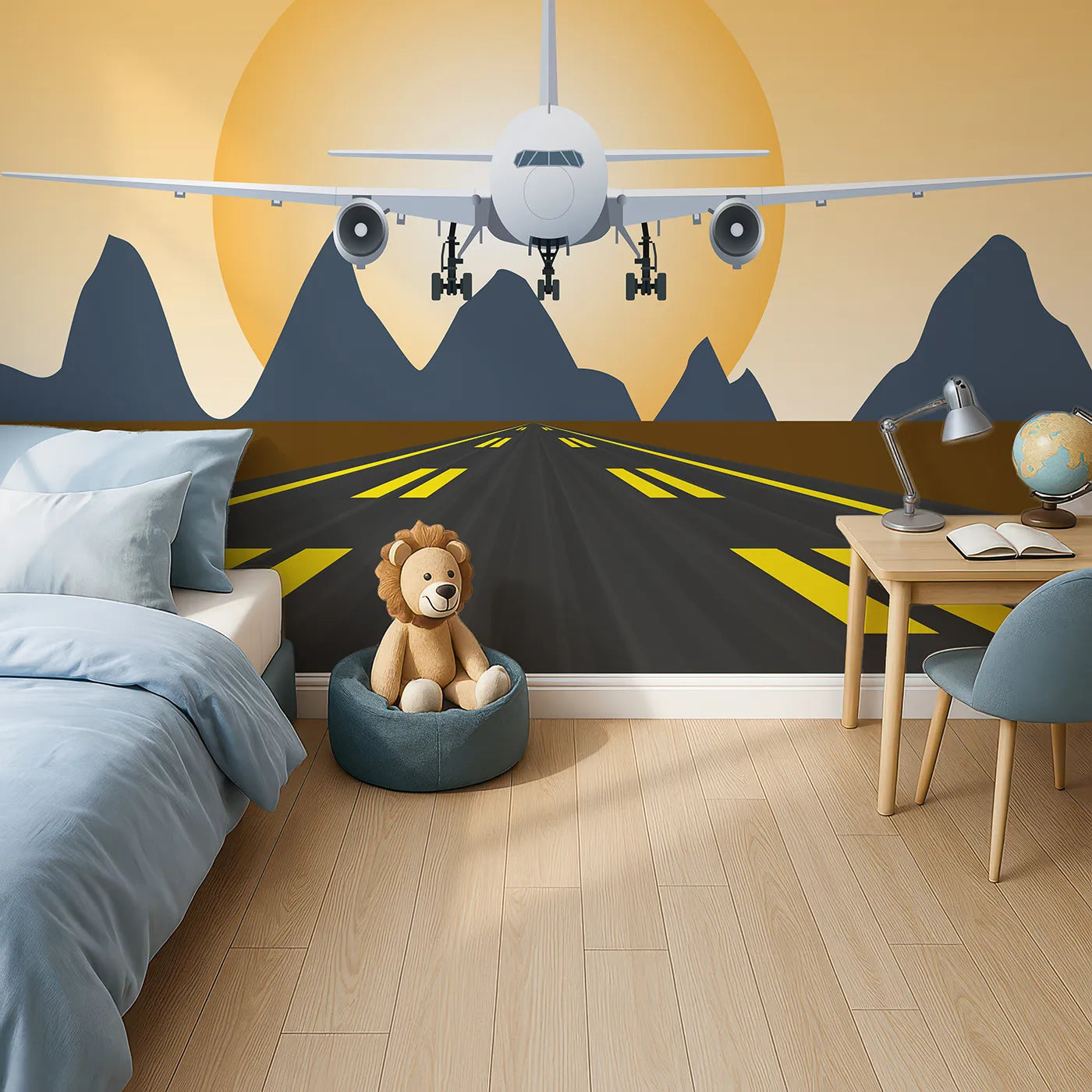 Top-down view of Whimsy Tots' Sunset Landing Wall Mural (Turn Their Room into the Cockpit for a Sunset Approach).Gender-Neutral